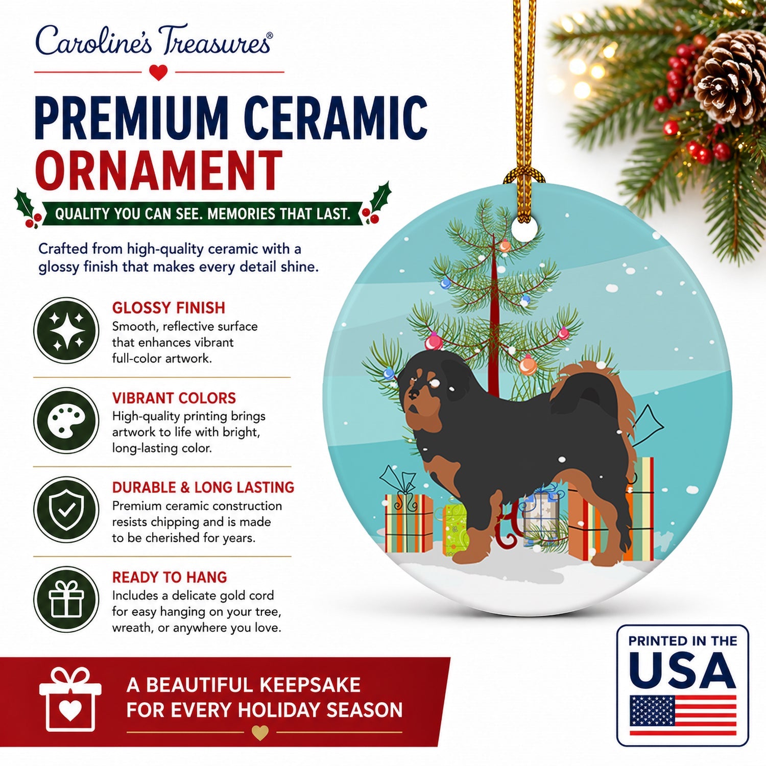 Tibetan Mastiff Christmas Ceramic Ornament Christmas Tree Hanging Decorations for Home Christmas Holiday, Party, Gift, 3 in, Multicolor