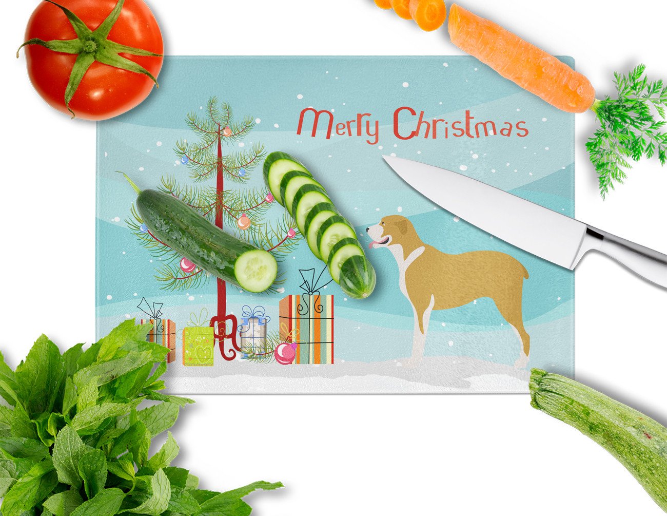 Belgium Mastiff Christmas Cutting Board Tempered Glass Kitchen Cutting Surface, Heat Resistant Chopping, Non-Slip Feet, Food Prep & Serving