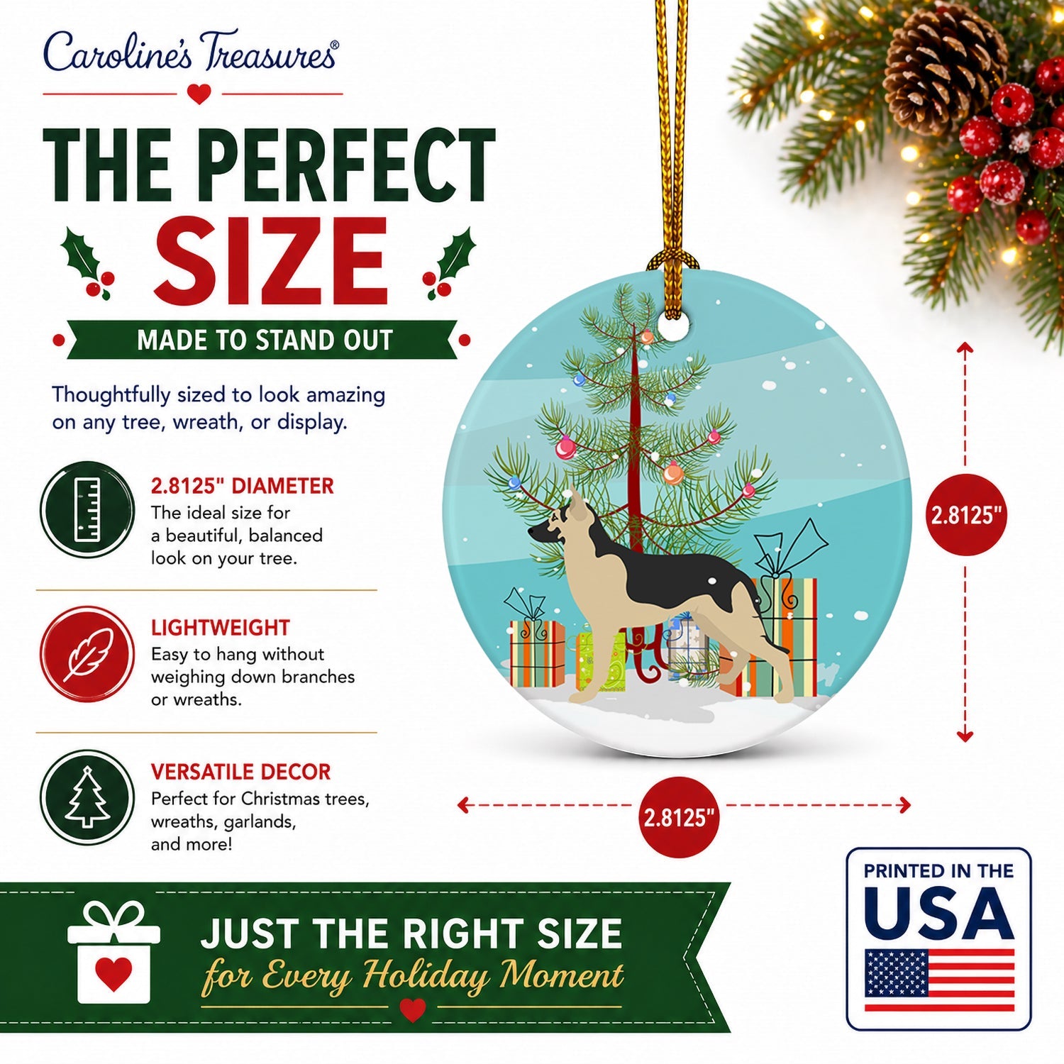 German Shepherd Christmas Ceramic Ornament Christmas Tree Hanging Decorations for Home Christmas Holiday, Party, Gift, 3 in, Multicolor