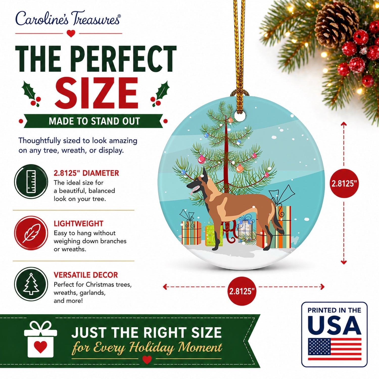 Malinois Belgian Shepherd  Christmas Ceramic Ornament Christmas Tree Hanging Decorations for Home Christmas Holiday, Party, Gift, 3 in, Multicolor