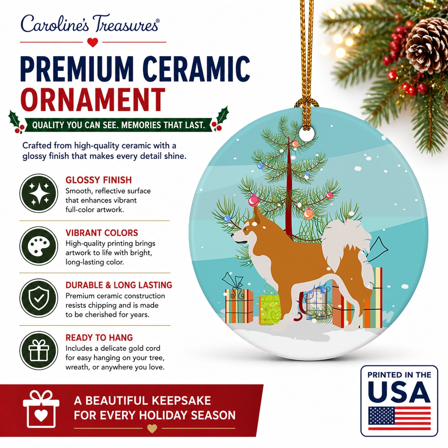 Icelandic Sheepdog Christmas Ceramic Ornament Christmas Tree Hanging Decorations for Home Christmas Holiday, Party, Gift, 3 in, Multicolor