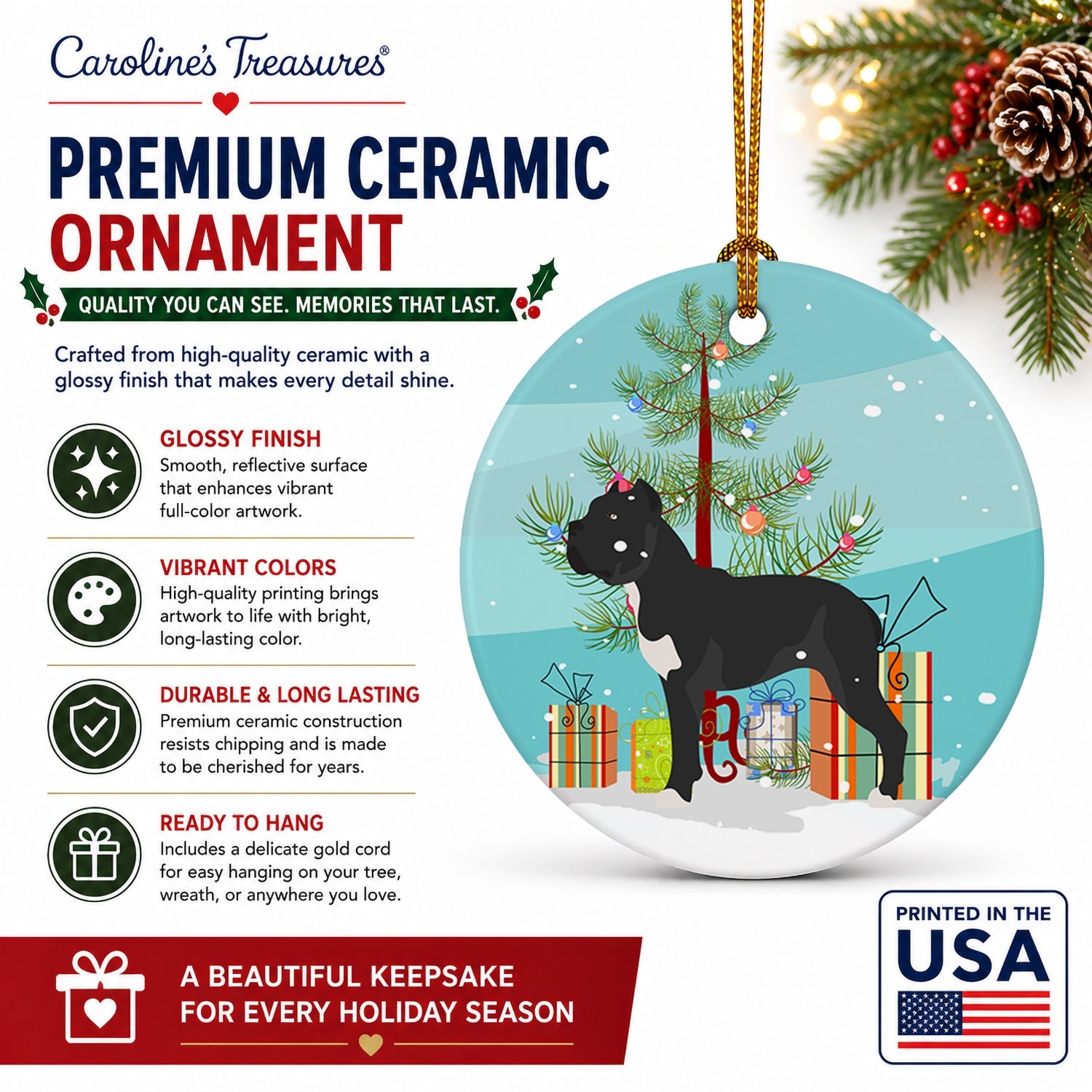 Cane Corso Christmas Ceramic Ornament Christmas Tree Hanging Decorations for Home Christmas Holiday, Party, Gift, 3 in, Multicolor