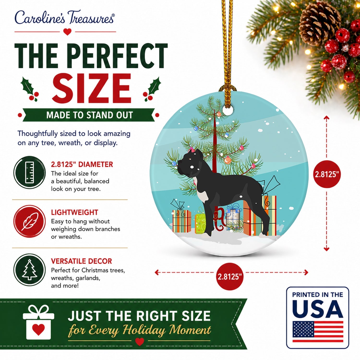 Cane Corso Christmas Ceramic Ornament Christmas Tree Hanging Decorations for Home Christmas Holiday, Party, Gift, 3 in, Multicolor