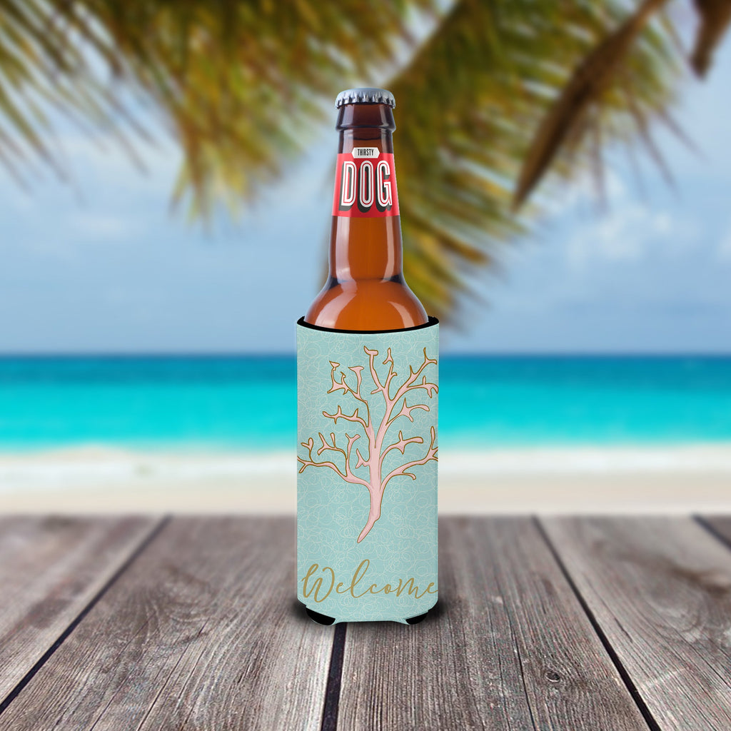 Coral Slim Can Hugger , Insulated Foam Hugger for 12 oz Slim Cans, Beer Bottles & Water Bottles, Printed in USA