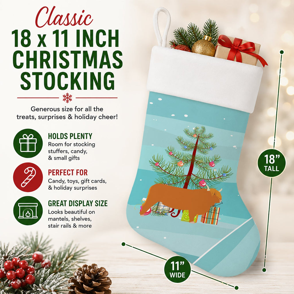 Highland Cow Christmas Holiday Stocking Double-Sided Print, Polyester Suede,11x18, Made in USA