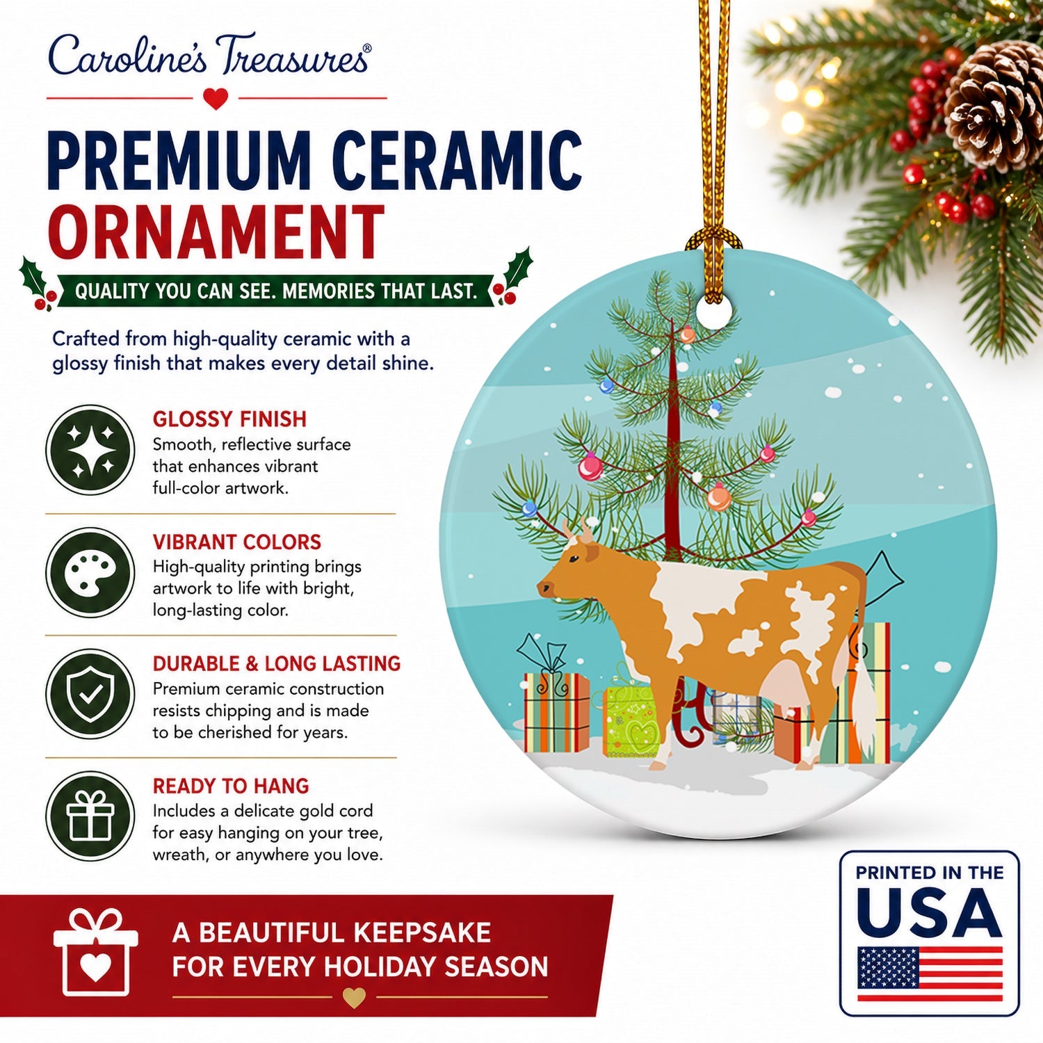 Guernsey Cow Christmas Ceramic Ornament Christmas Tree Hanging Decorations for Home Christmas Holiday, Party, Gift, 3 in, Multicolor