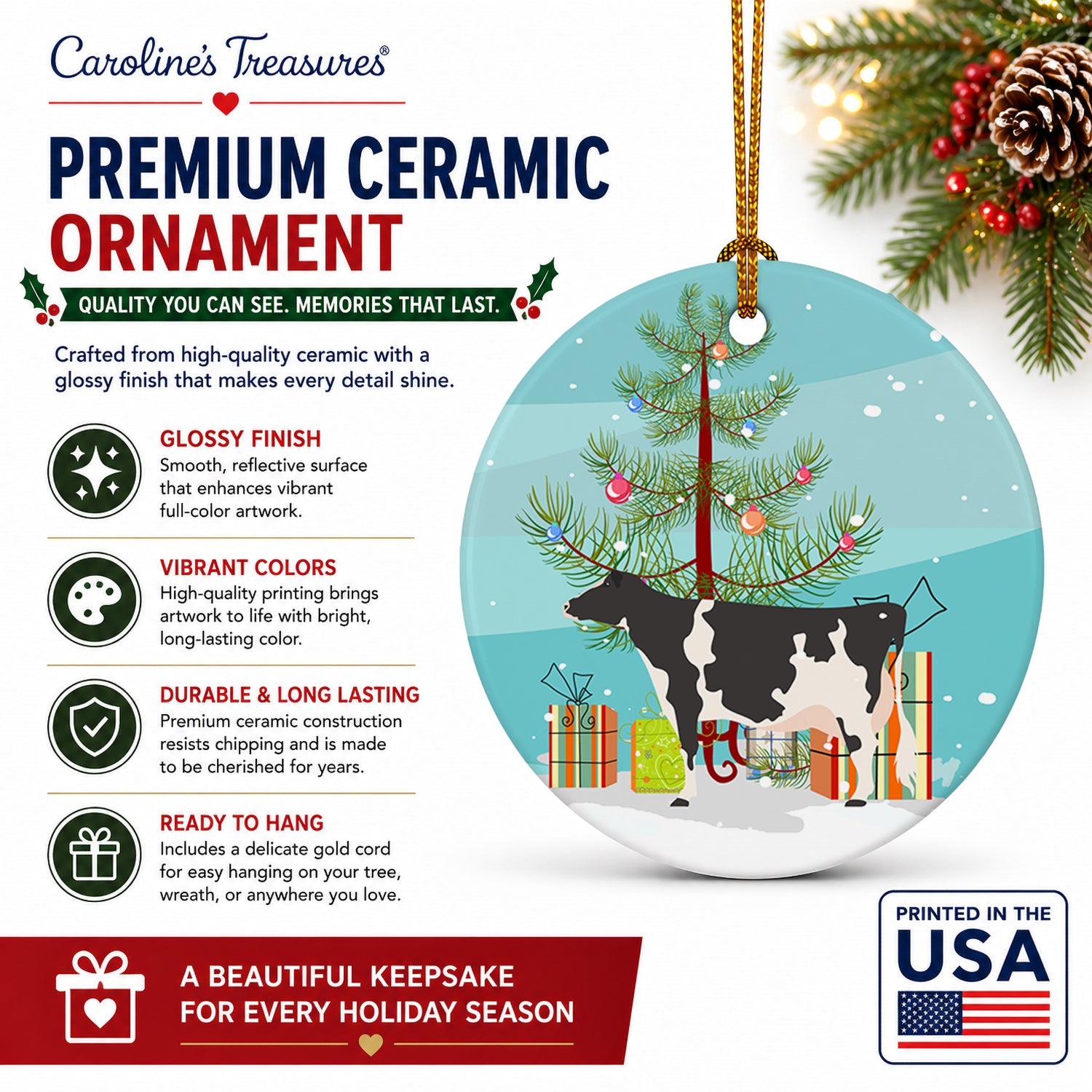 Holstein Cow Christmas Ceramic Ornament Christmas Tree Hanging Decorations for Home Christmas Holiday, Party, Gift, 3 in, Multicolor