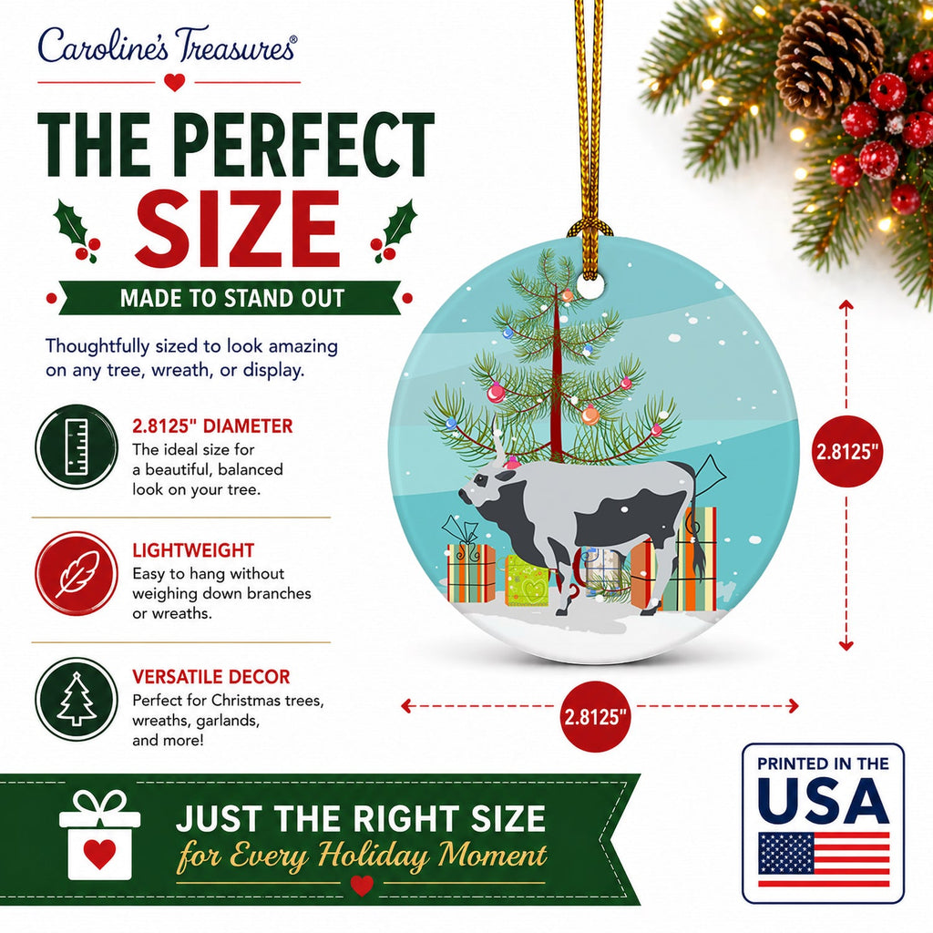 Hungarian Grey Steppe Cow Christmas Ceramic Ornament Christmas Tree Hanging Decorations for Home Christmas Holiday, Party, Gift, 3 in, Multicolor