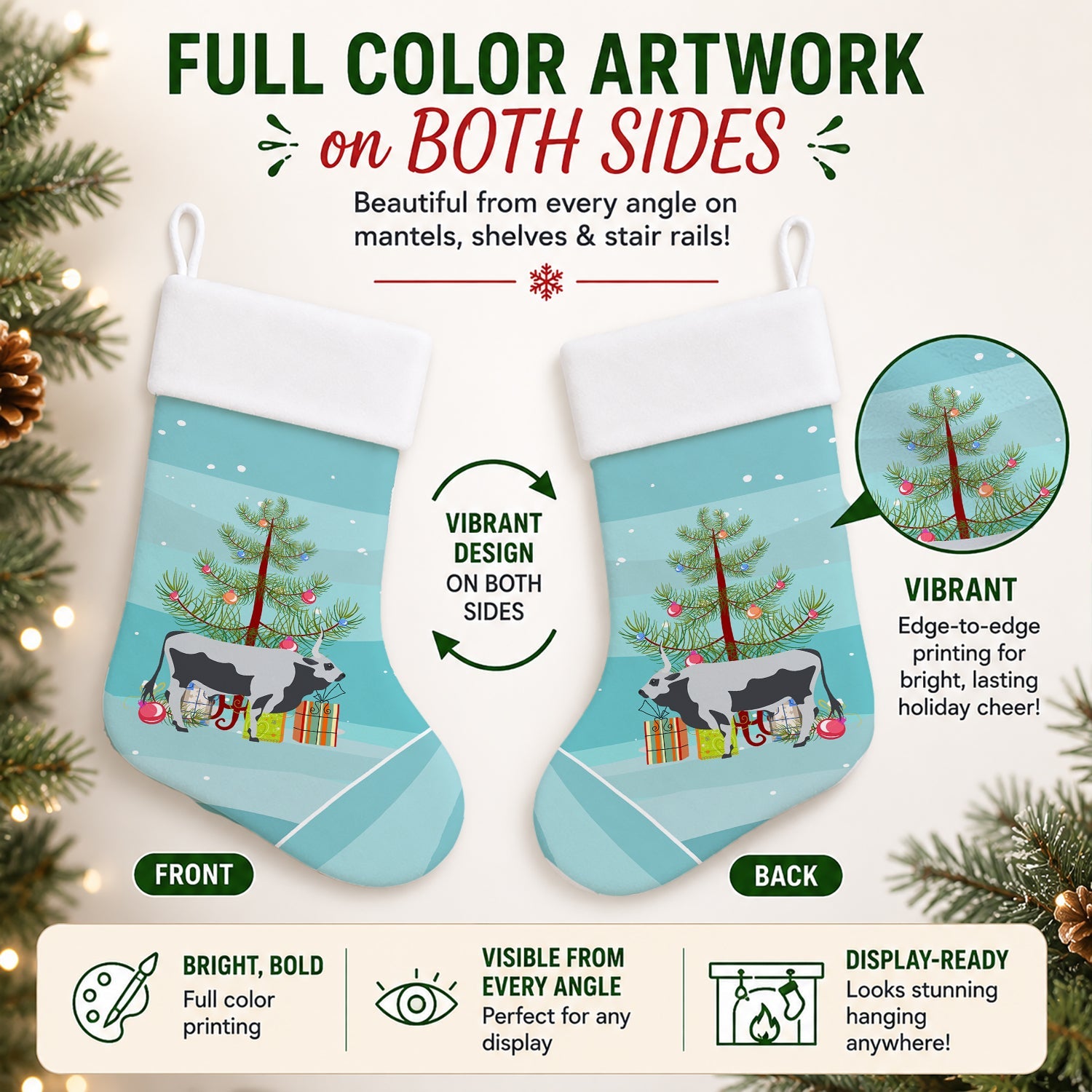 Hungarian Grey Steppe Cow Christmas Holiday Stocking Double-Sided Print, Polyester Suede,11x18, Made in USA