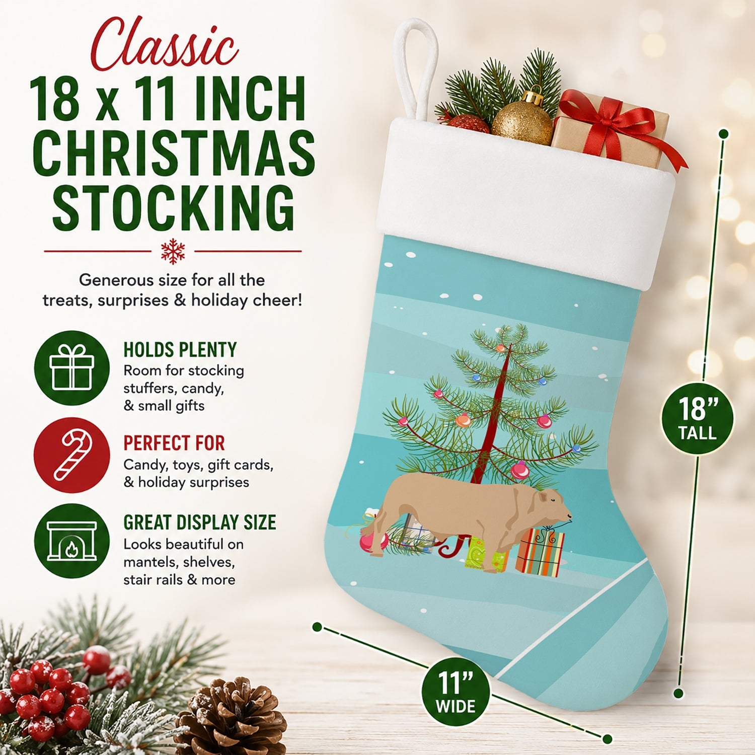 Charolais Cow Christmas Holiday Stocking Double-Sided Print, Polyester Suede,11x18, Made in USA