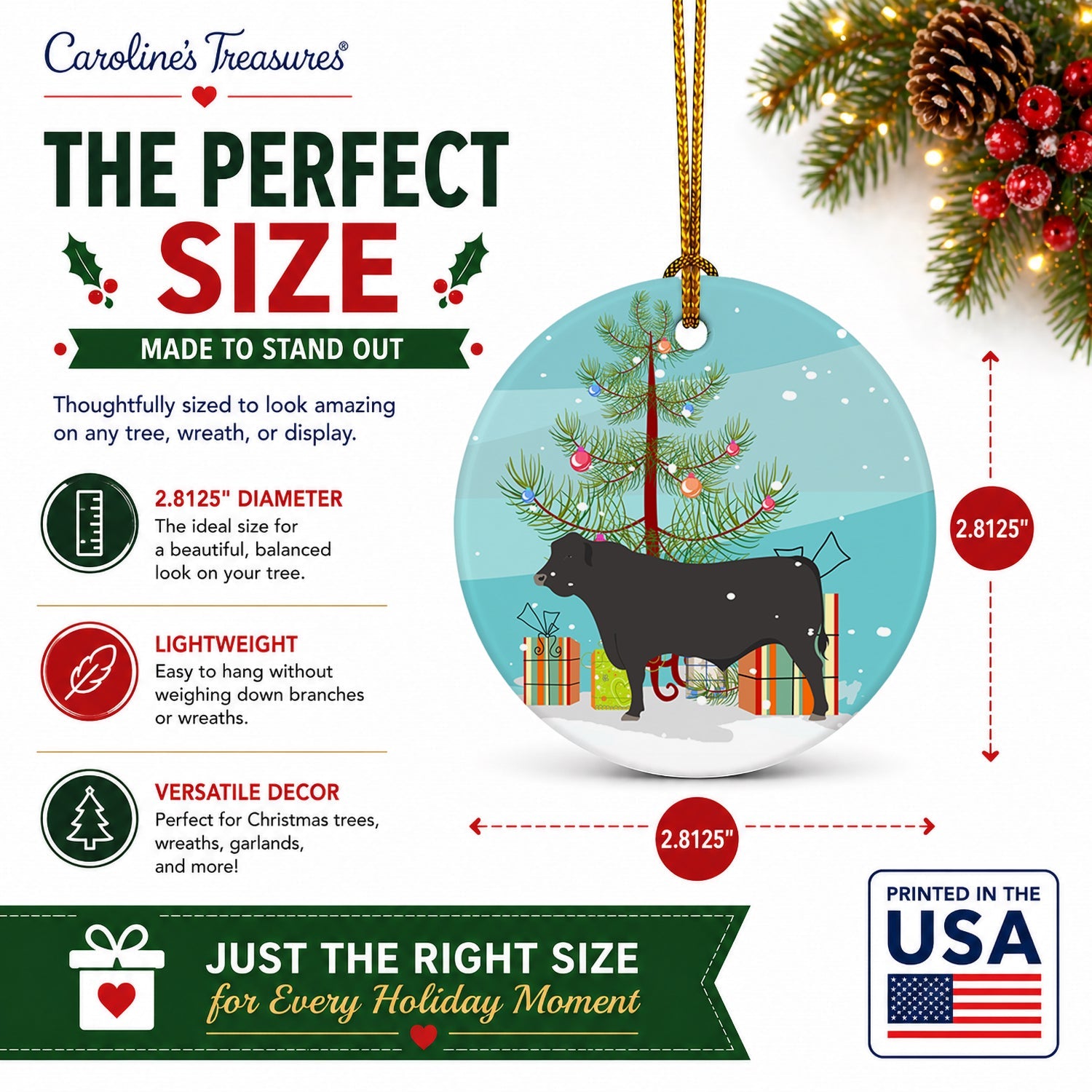 Black Angus Cow Christmas Ceramic Ornament Christmas Tree Hanging Decorations for Home Christmas Holiday, Party, Gift, 3 in, Multicolor