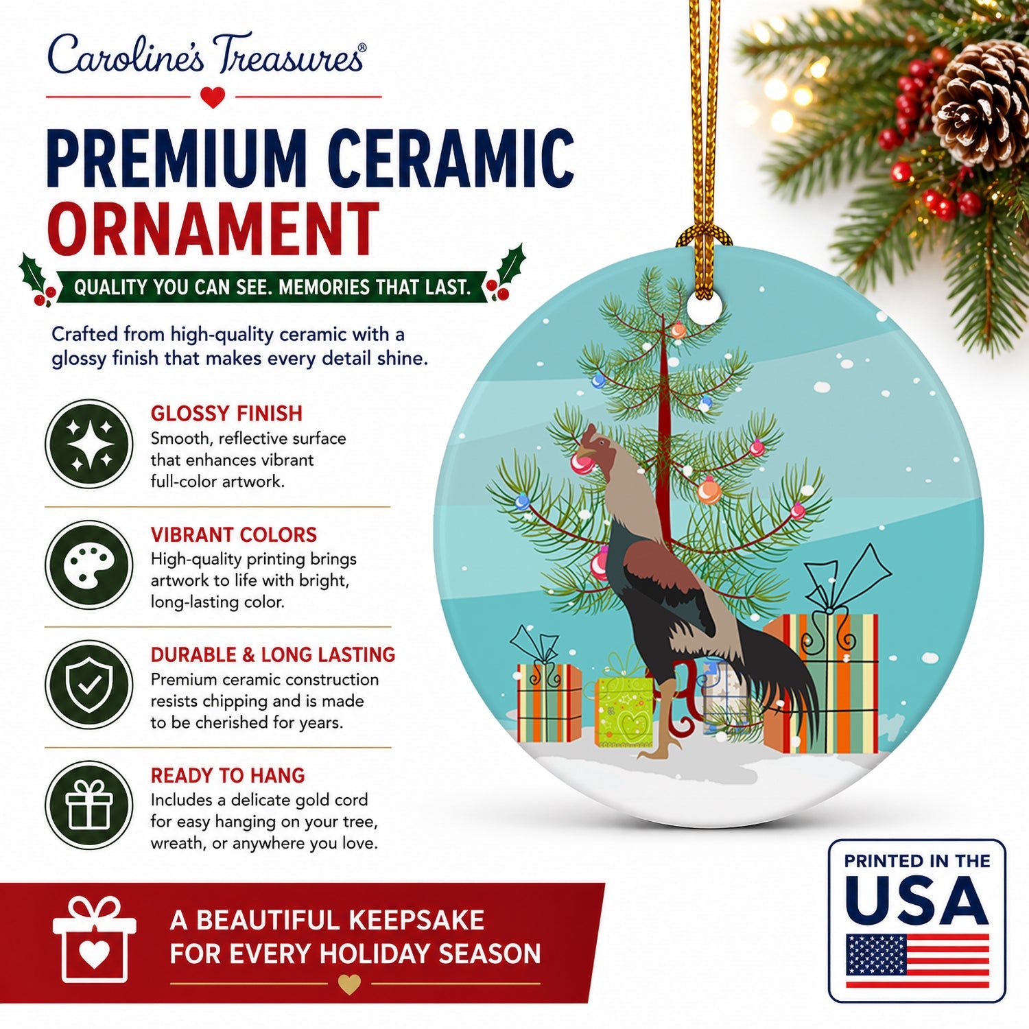 Kulang Chicken Christmas Ceramic Ornament Christmas Tree Hanging Decorations for Home Christmas Holiday, Party, Gift, 3 in, Multicolor