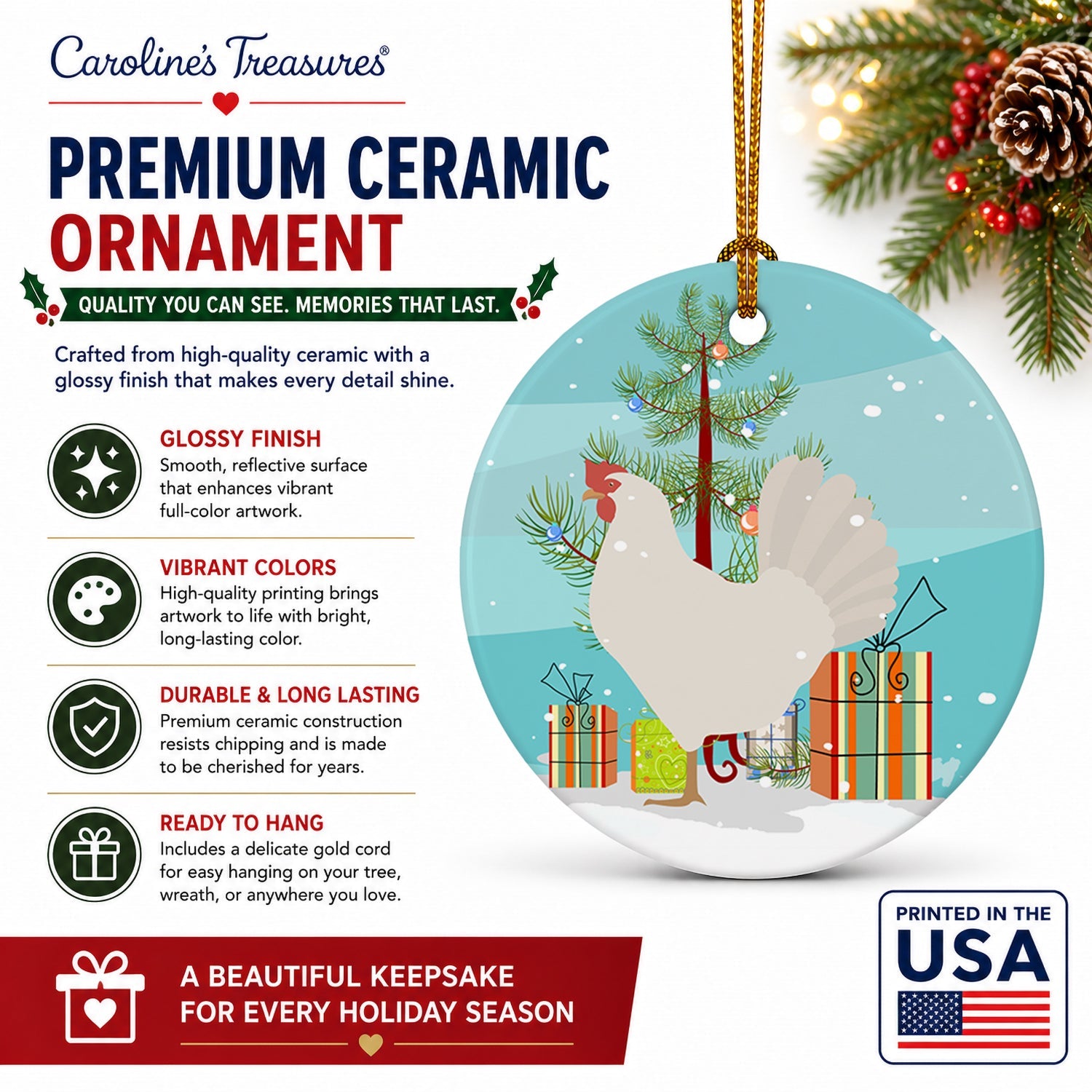 Leghorn Chicken Christmas Ceramic Ornament Christmas Tree Hanging Decorations for Home Christmas Holiday, Party, Gift, 3 in, Multicolor