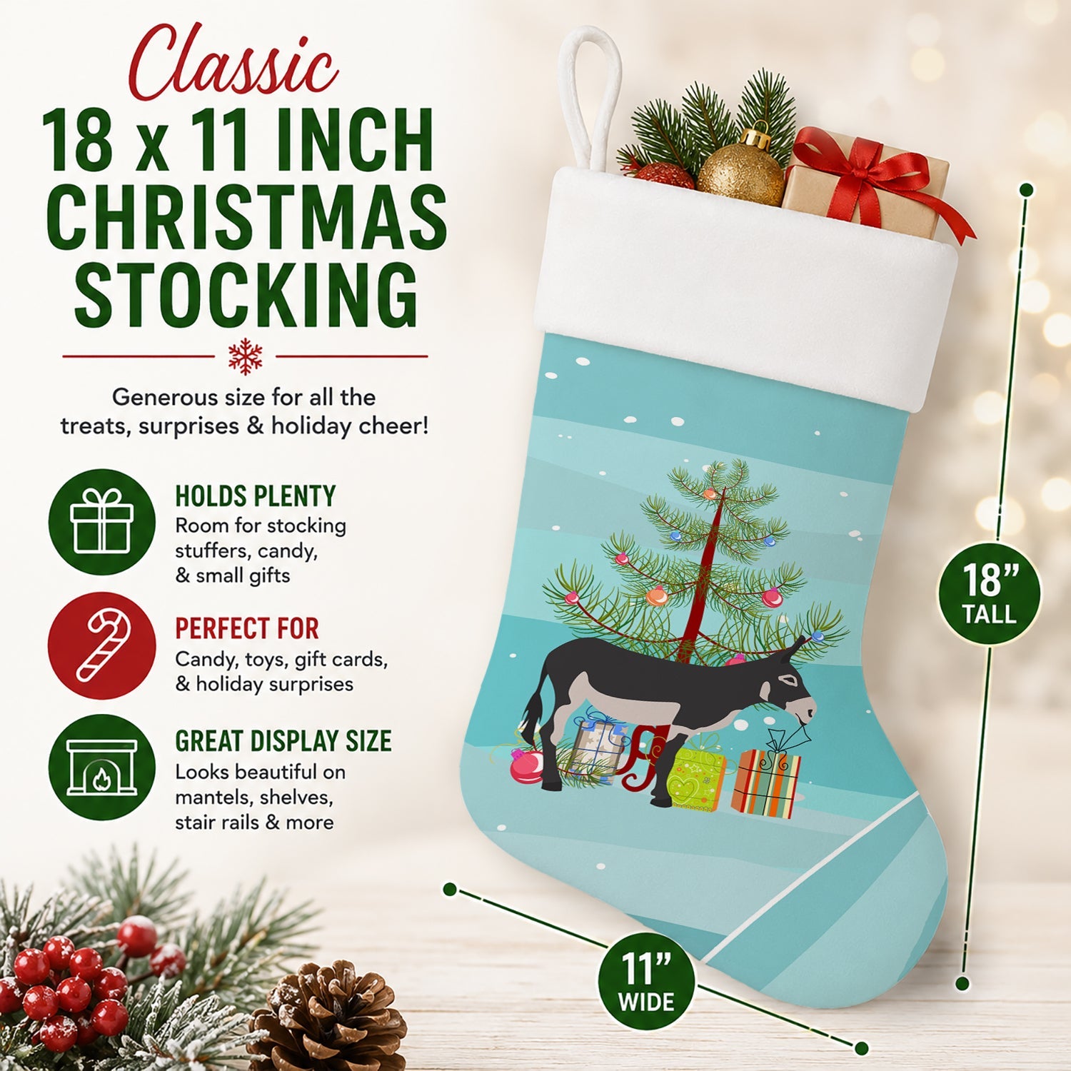 American Mammoth Jack Donkey Christmas Holiday Stocking Double-Sided Print, Polyester Suede,11x18, Made in USA