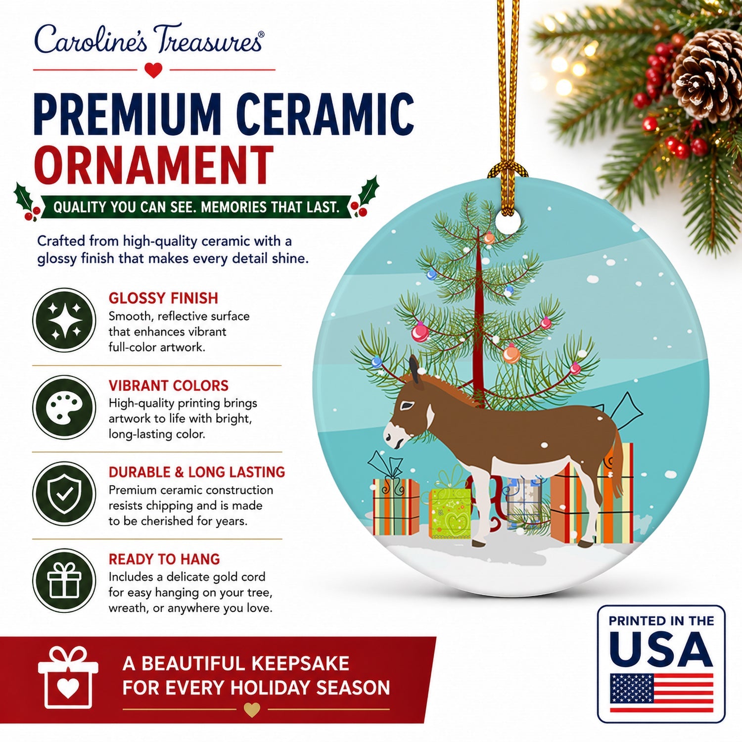 Miniature Mediterranian Donkey Christmas Ceramic Ornament Christmas Tree Hanging Decorations for Home Christmas Holiday, Party, Gift, 3 in, Multicolor