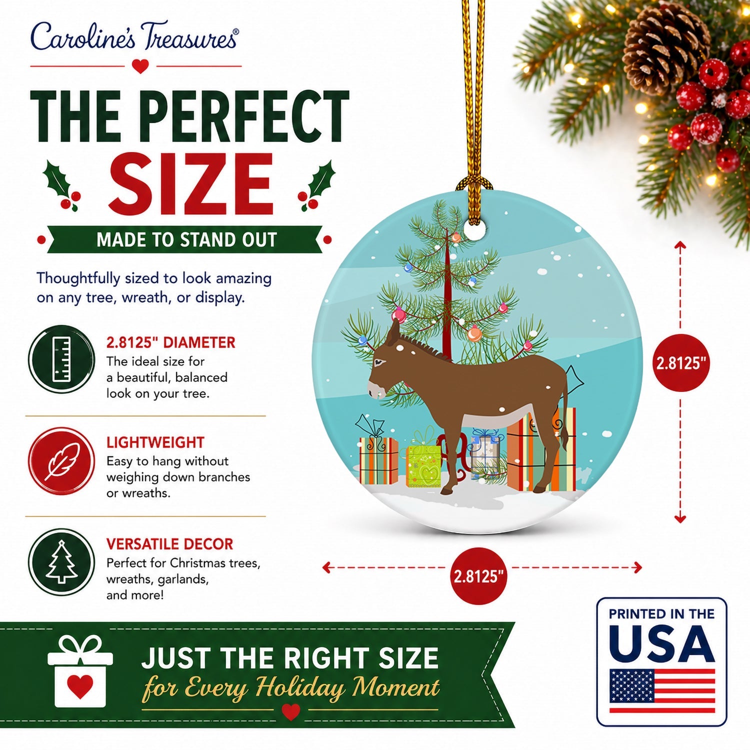 Cotentin Donkey Christmas Ceramic Ornament Christmas Tree Hanging Decorations for Home Christmas Holiday, Party, Gift, 3 in, Multicolor