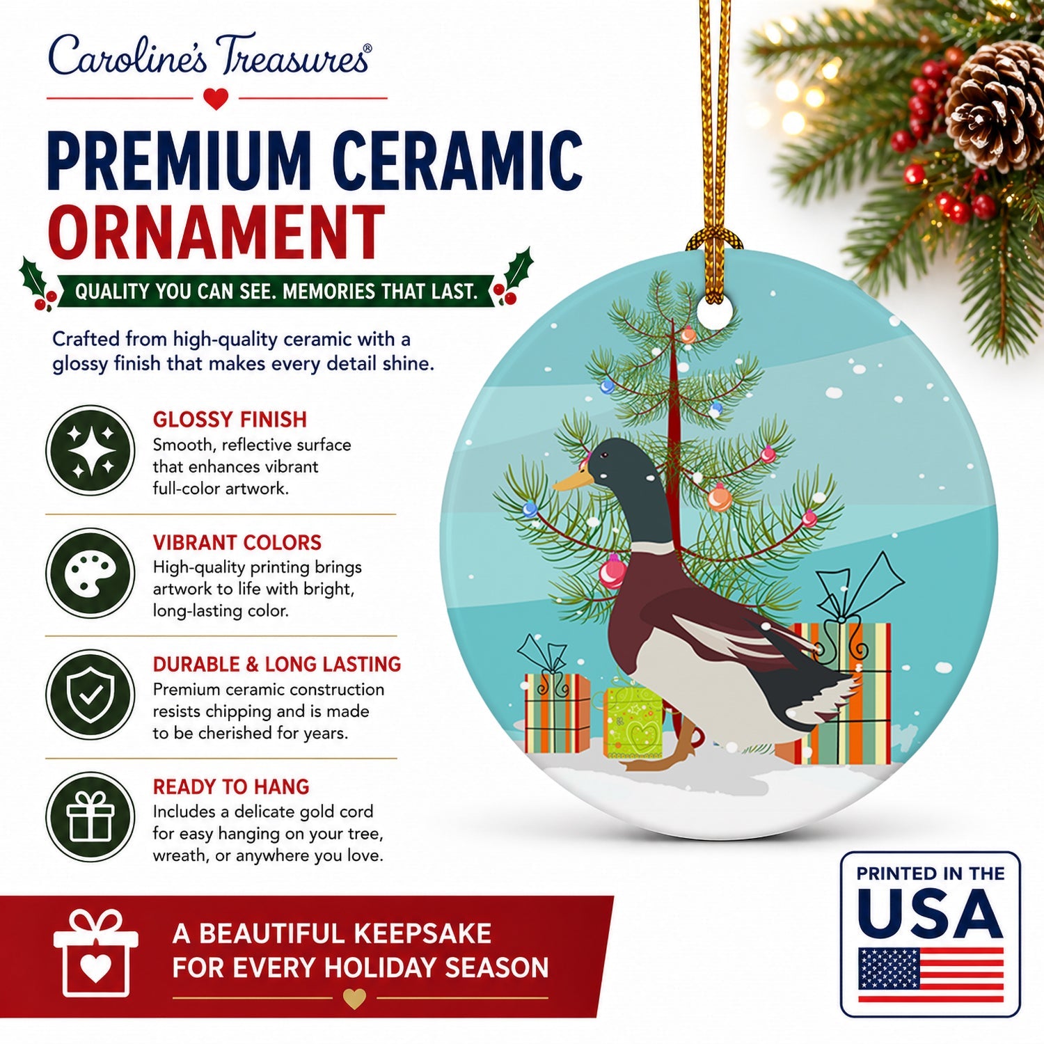 Rouen Duck Christmas Ceramic Ornament Christmas Tree Hanging Decorations for Home Christmas Holiday, Party, Gift, 3 in, Multicolor