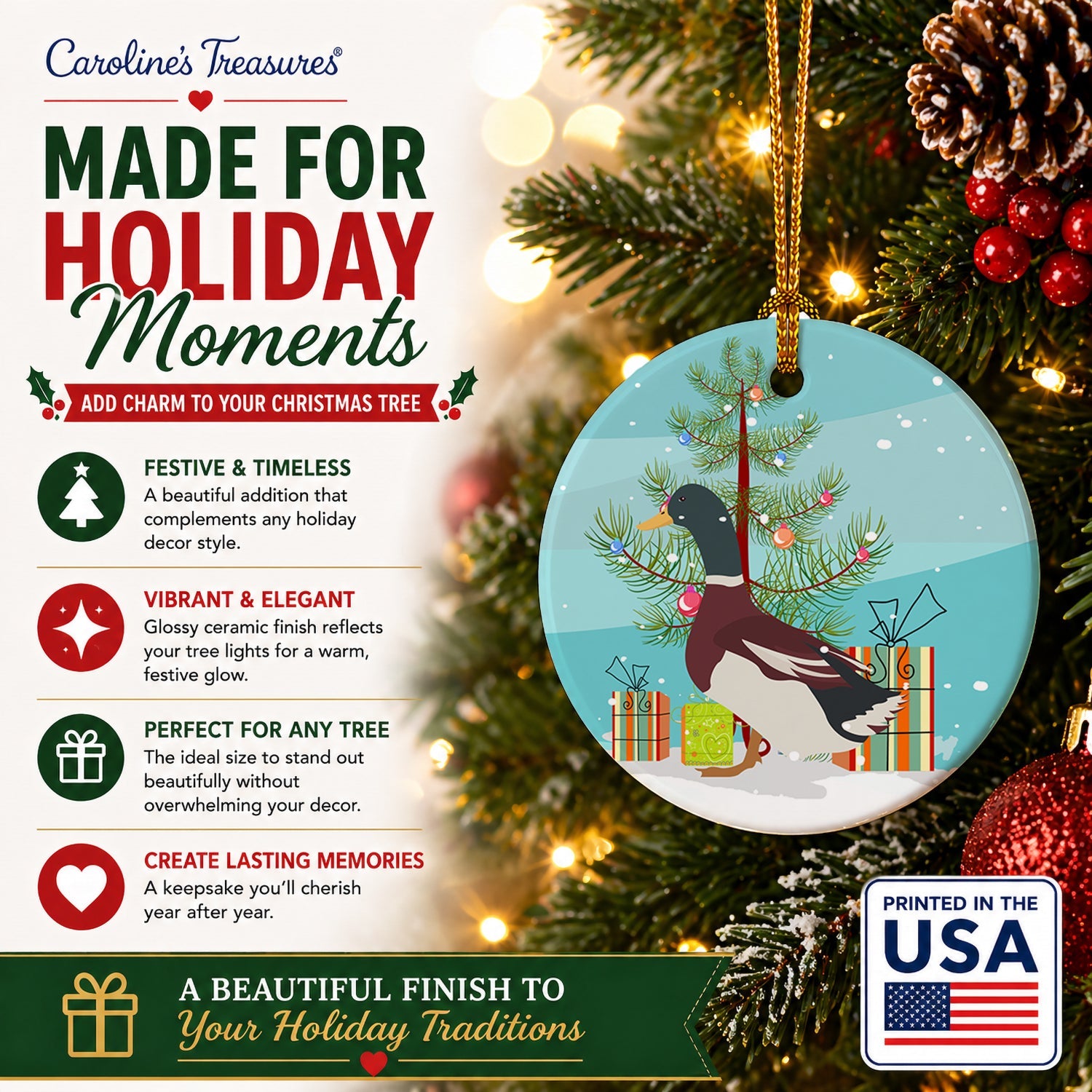 Rouen Duck Christmas Ceramic Ornament Christmas Tree Hanging Decorations for Home Christmas Holiday, Party, Gift, 3 in, Multicolor