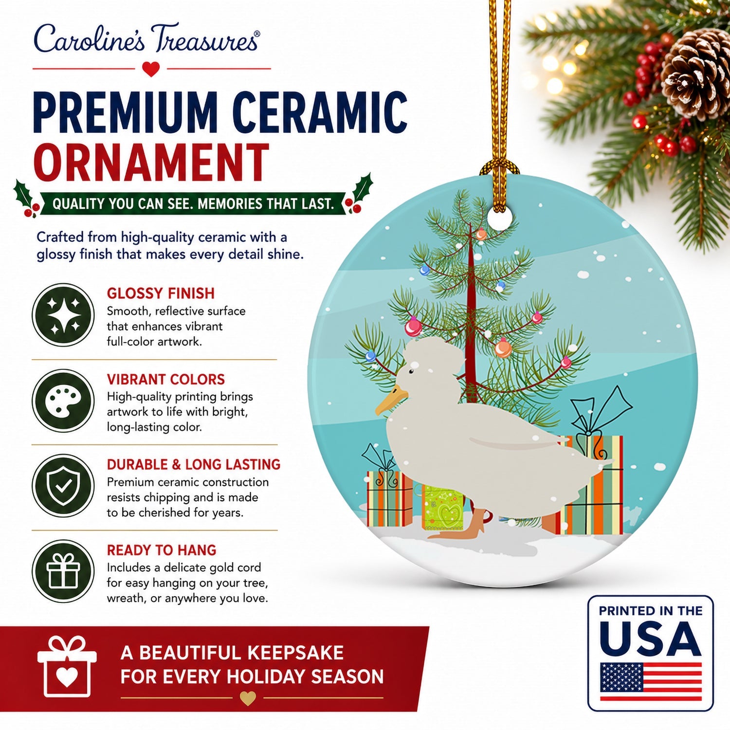 Crested Duck Christmas Ceramic Ornament Christmas Tree Hanging Decorations for Home Christmas Holiday, Party, Gift, 3 in, Multicolor