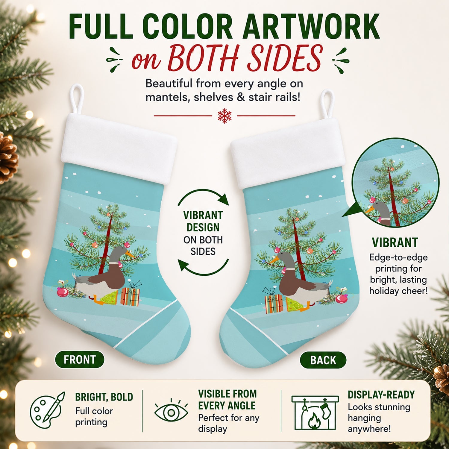 Saxony Sachsenente Duck Christmas Holiday Stocking Double-Sided Print, Polyester Suede,11x18, Made in USA