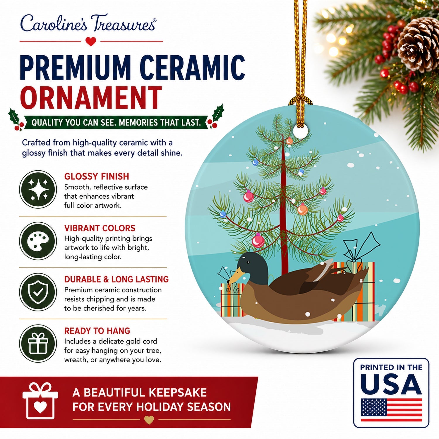 Khaki Campbell Duck Christmas Ceramic Ornament Christmas Tree Hanging Decorations for Home Christmas Holiday, Party, Gift, 3 in, Multicolor