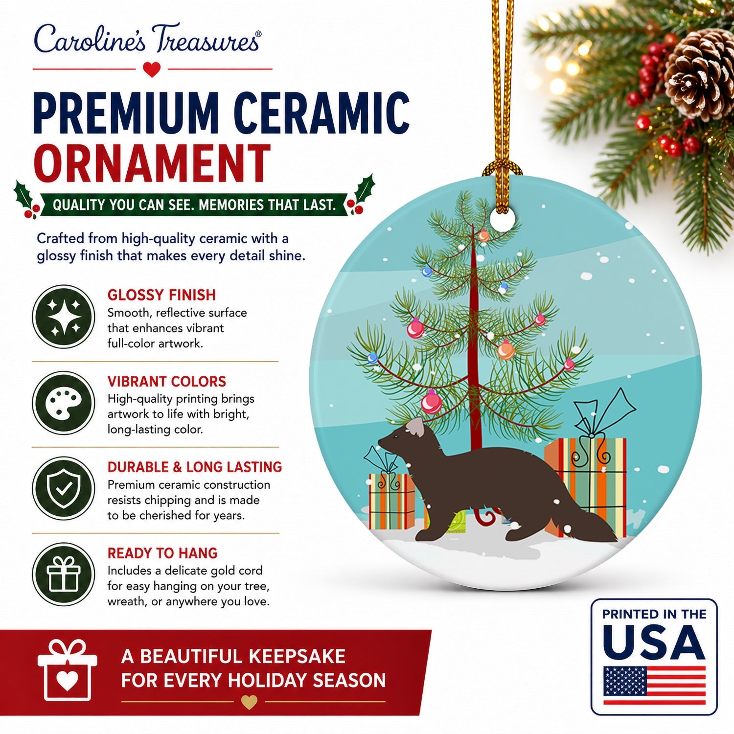 Sable Marten Christmas Ceramic Ornament Christmas Tree Hanging Decorations for Home Christmas Holiday, Party, Gift, 3 in, Multicolor