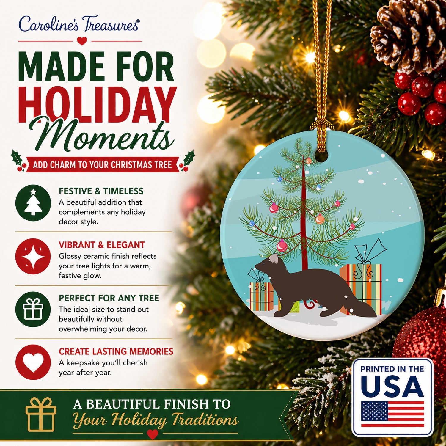 Sable Marten Christmas Ceramic Ornament Christmas Tree Hanging Decorations for Home Christmas Holiday, Party, Gift, 3 in, Multicolor