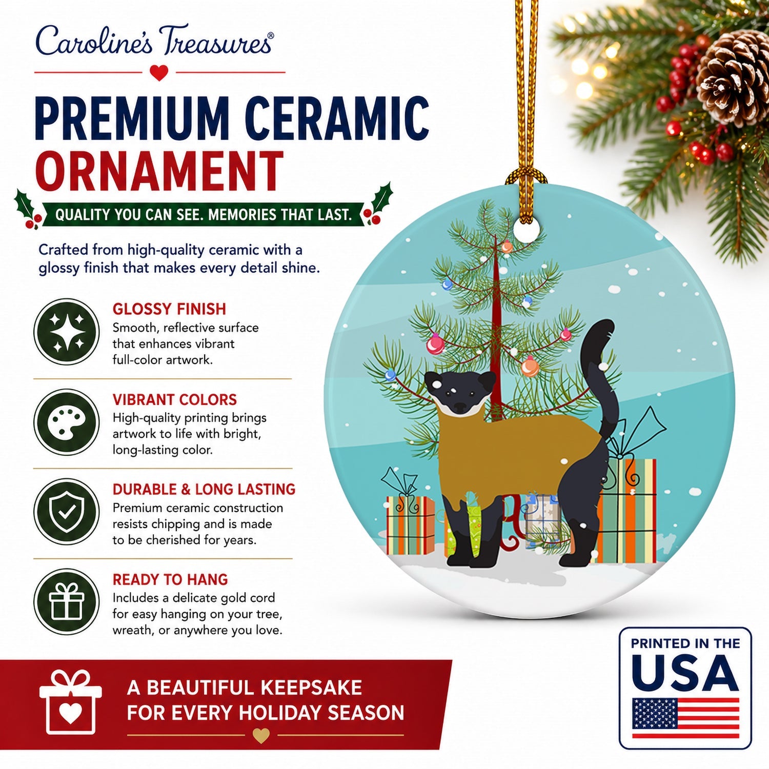 Yellow-Throated Marten Christmas Ceramic Ornament Christmas Tree Hanging Decorations for Home Christmas Holiday, Party, Gift, 3 in, Multicolor