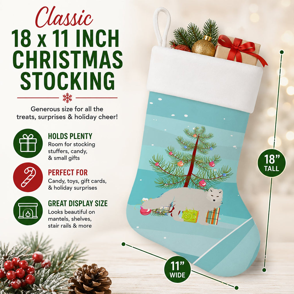 White Arctic Fox Christmas Holiday Stocking Double-Sided Print, Polyester Suede,11x18, Made in USA