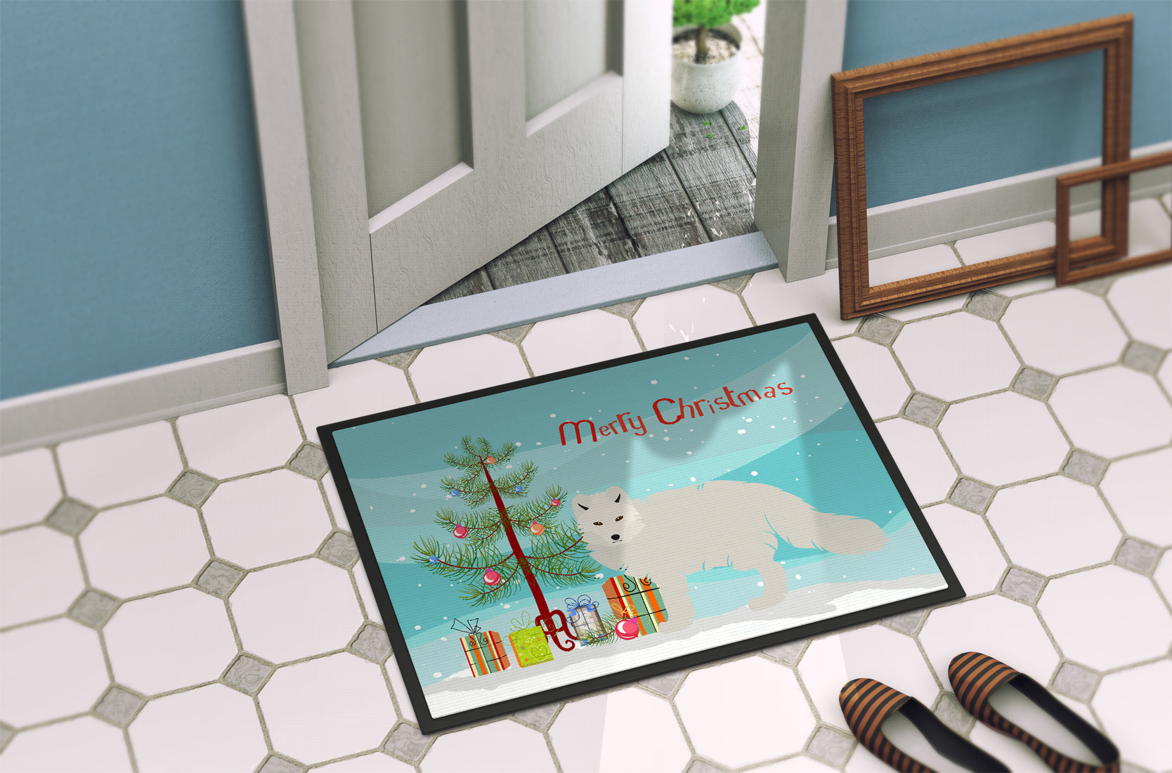 White Arctic Fox Christmas Doormat Indoor Outdoor 24H X 36W Front Door Mat Rugs for Entryway, Non Slip Washable Low Pile,