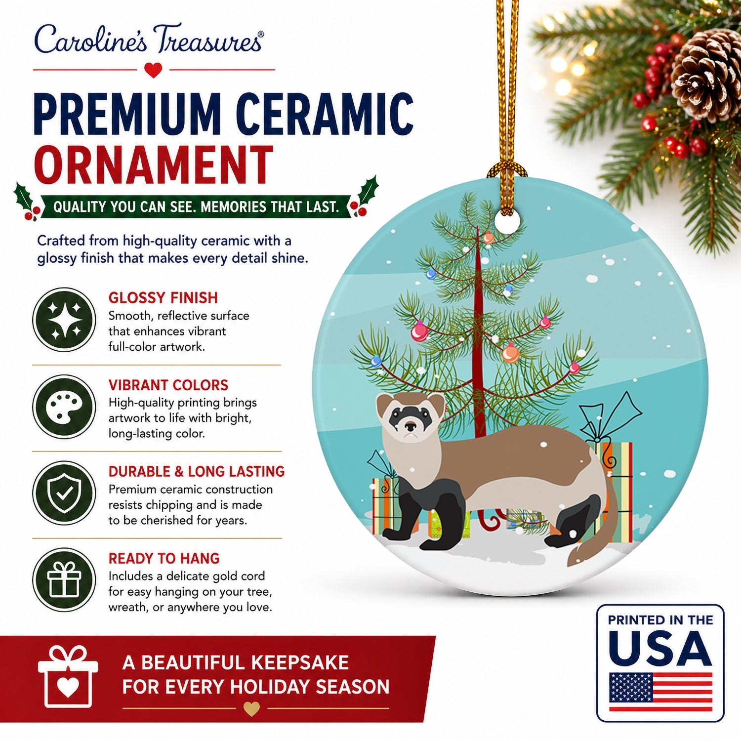 Ferret Christmas Ceramic Ornament Christmas Tree Hanging Decorations for Home Christmas Holiday, Party, Gift, 3 in, Multicolor