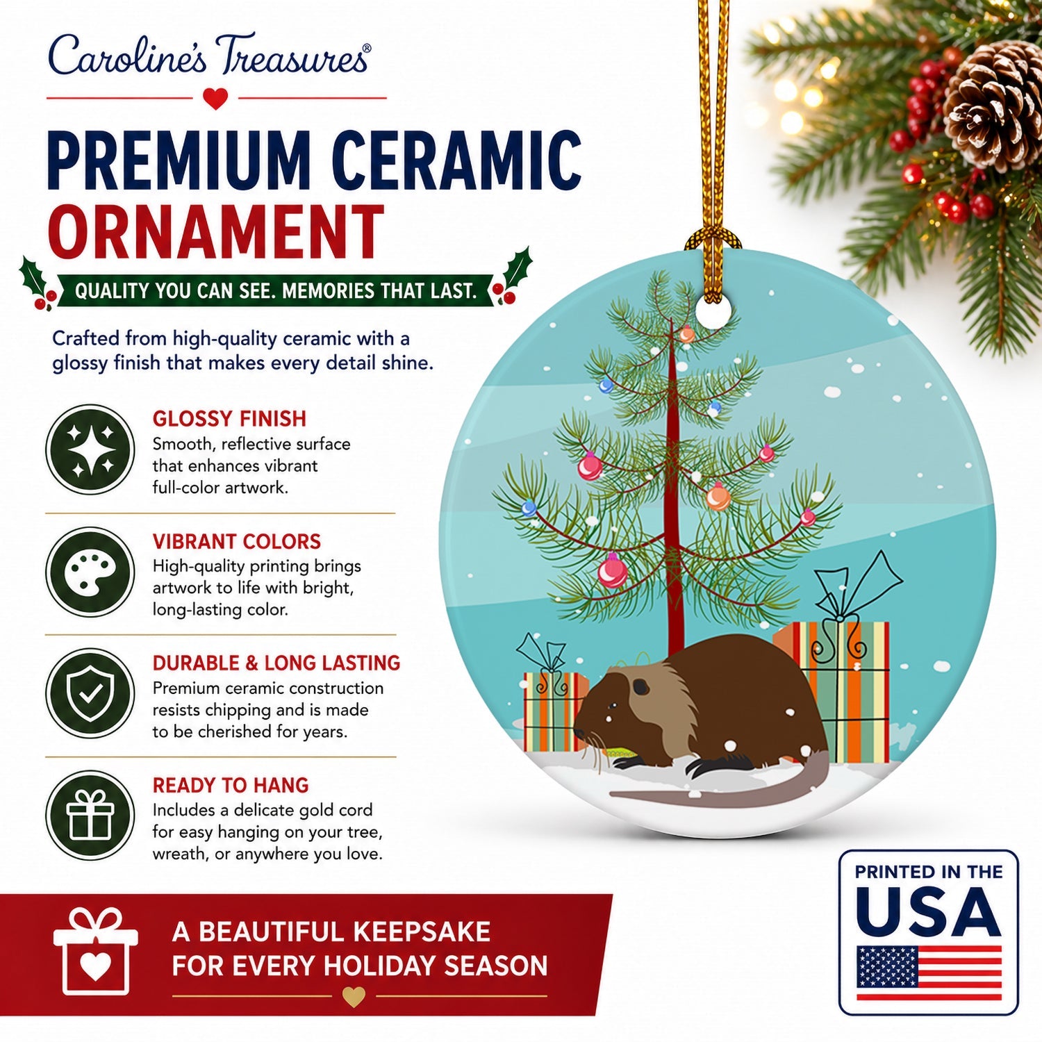 Coypu Nutria River Rat Christmas Ceramic Ornament Christmas Tree Hanging Decorations for Home Christmas Holiday, Party, Gift, 3 in, Multicolor