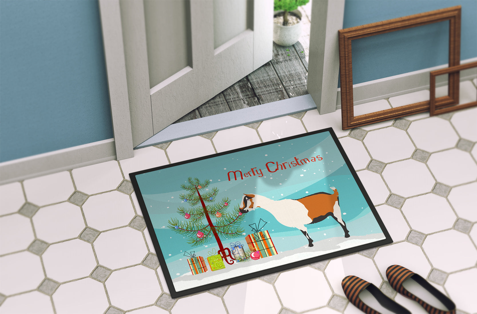 Alpine Goat Christmas Doormat Indoor Outdoor 18H X 27W Front Door Mat Rugs for Entryway, Non Slip Washable