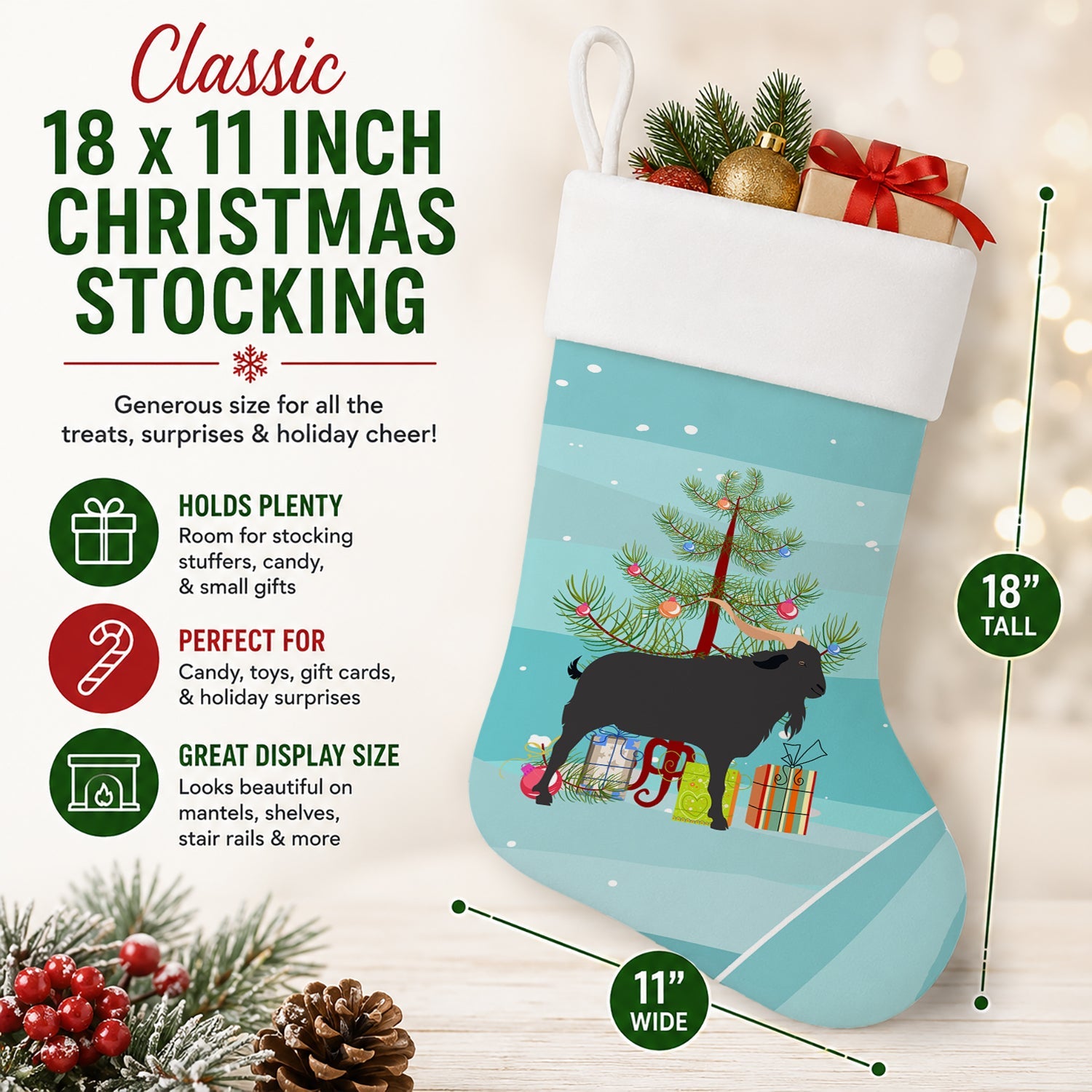 Verata Goat Christmas Holiday Stocking Double-Sided Print, Polyester Suede,11x18, Made in USA