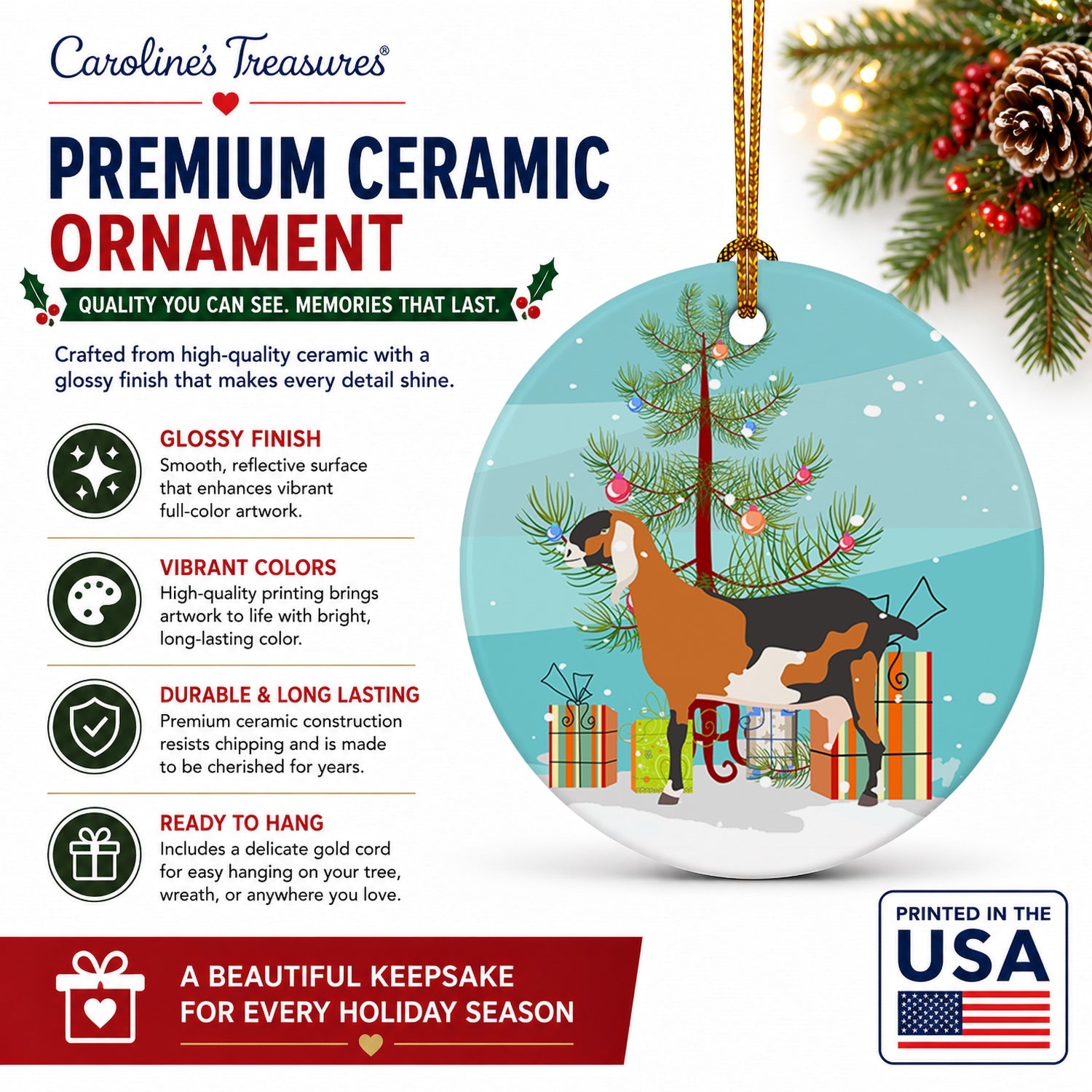 Anglo-nubian Nubian Goat Christmas Ceramic Ornament Christmas Tree Hanging Decorations for Home Christmas Holiday, Party, Gift, 3 in, Multicolor