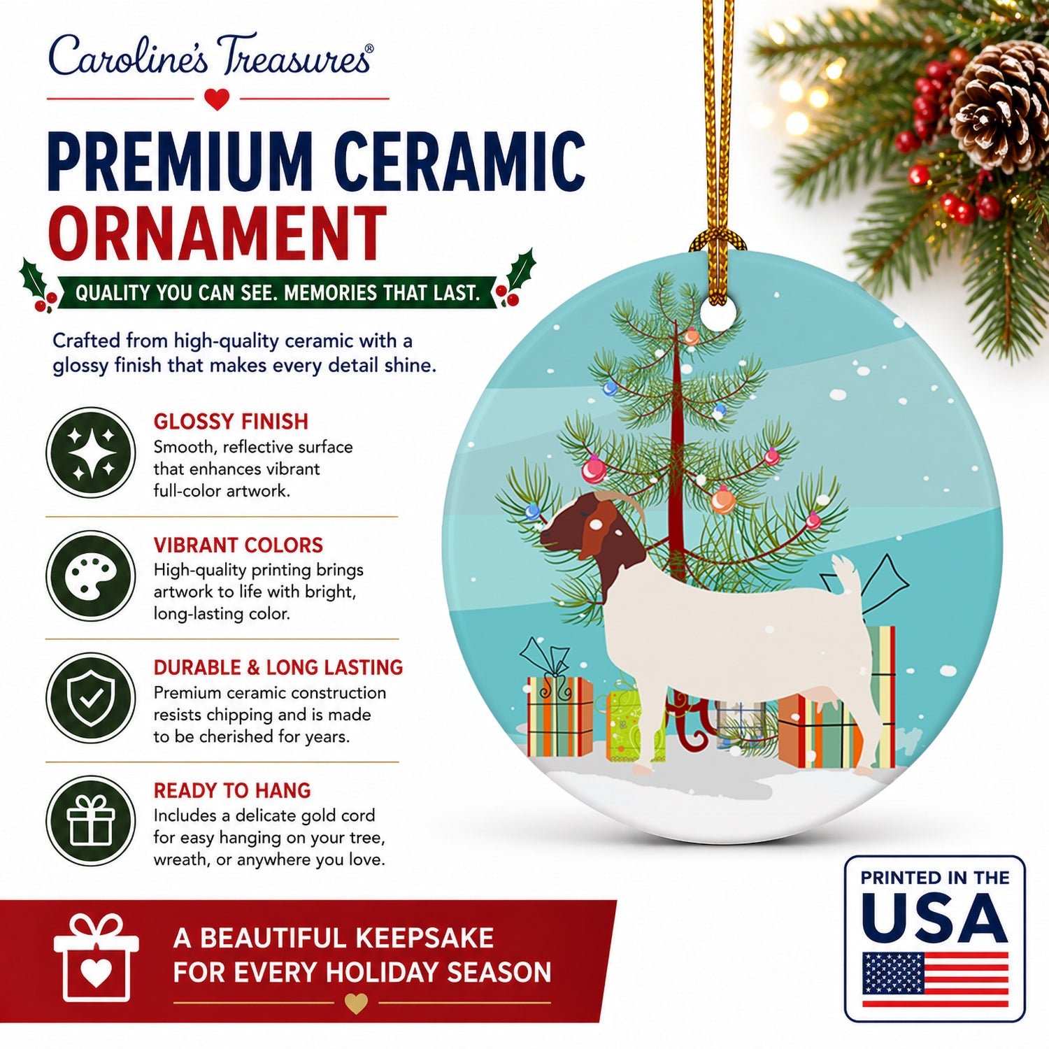 Boer Goat Christmas Ceramic Ornament Christmas Tree Hanging Decorations for Home Christmas Holiday, Party, Gift, 3 in, Multicolor