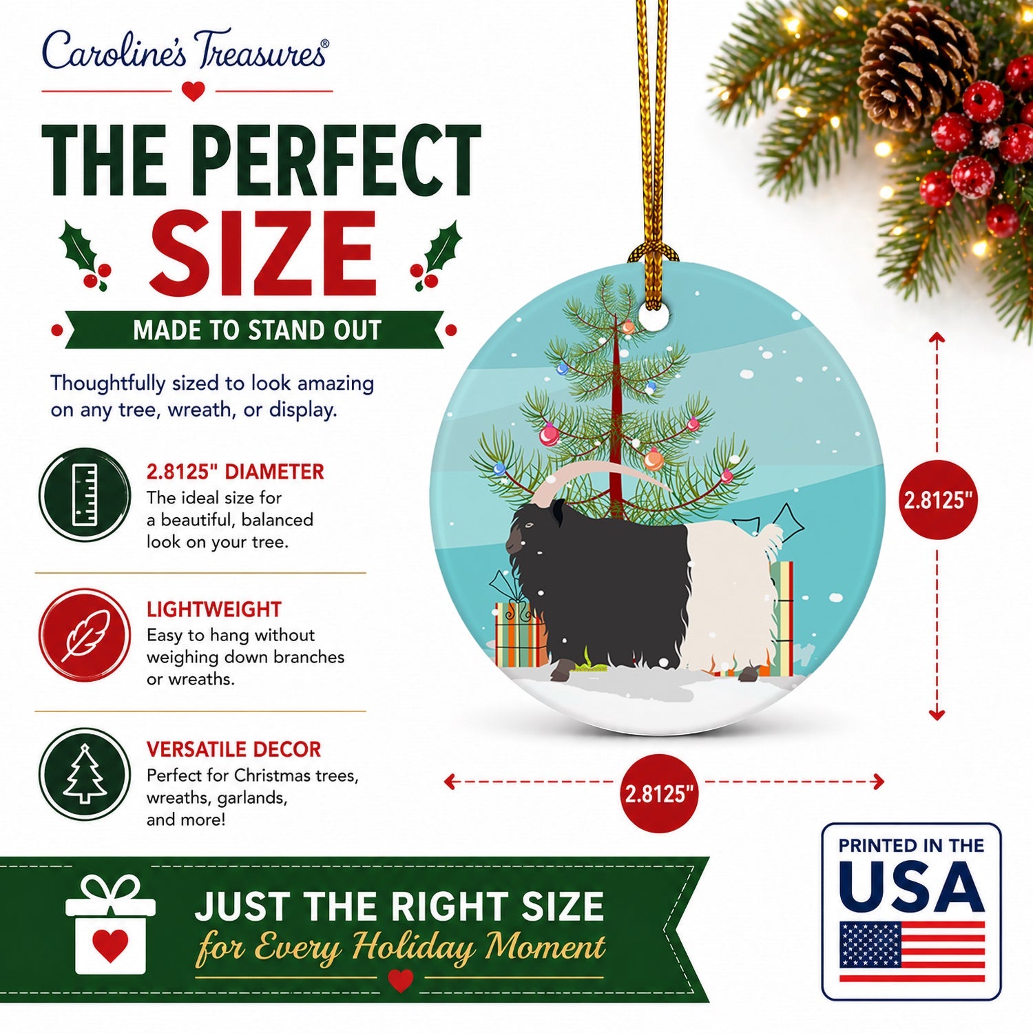 Welsh Black-Necked Goat Christmas Ceramic Ornament Christmas Tree Hanging Decorations for Home Christmas Holiday, Party, Gift, 3 in, Multicolor