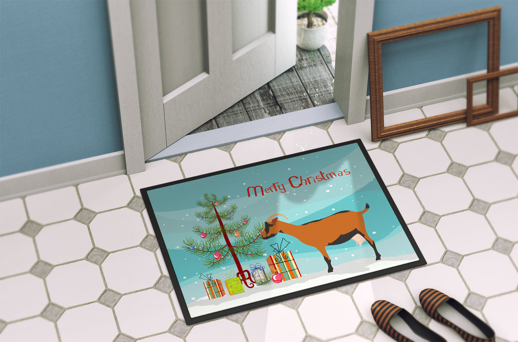 Oberhasli Goat Christmas Doormat Indoor Outdoor 18H X 27W Front Door Mat Rugs for Entryway, Non Slip Washable