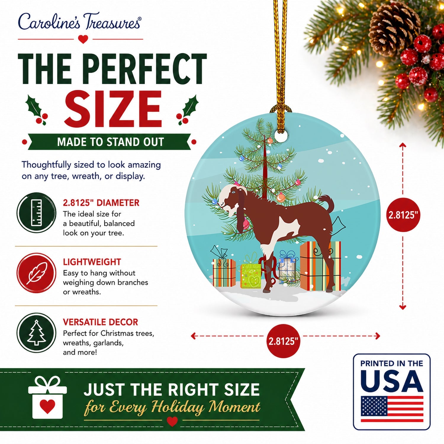 Jamnapari Goat Christmas Ceramic Ornament Christmas Tree Hanging Decorations for Home Christmas Holiday, Party, Gift, 3 in, Multicolor