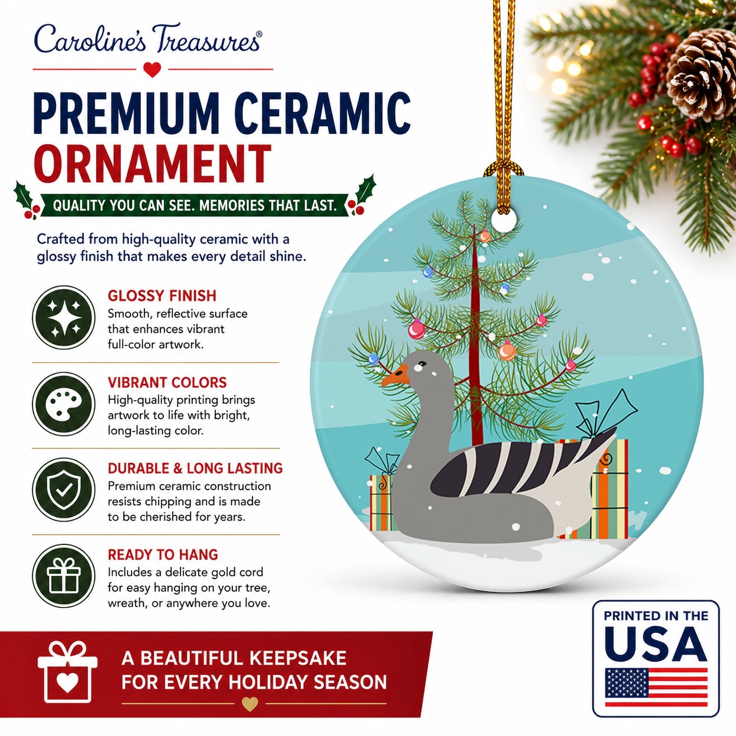 Pilgrim Goose Christmas Ceramic Ornament Christmas Tree Hanging Decorations for Home Christmas Holiday, Party, Gift, 3 in, Multicolor