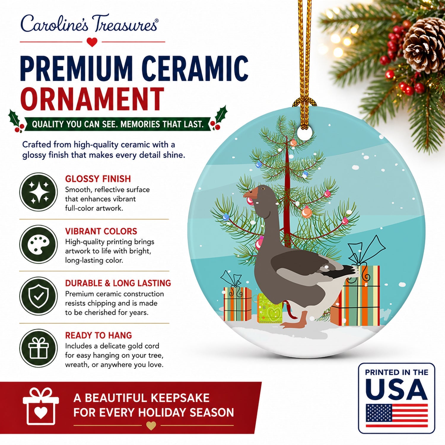 Toulouse Goose Christmas Ceramic Ornament Christmas Tree Hanging Decorations for Home Christmas Holiday, Party, Gift, 3 in, Multicolor