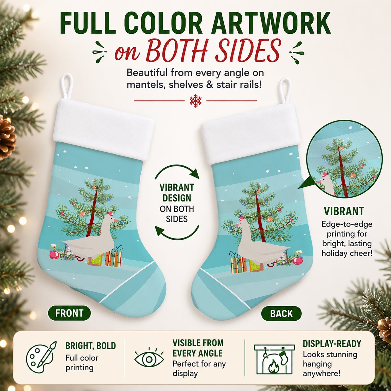 Roman Goose Christmas Holiday Stocking Double-Sided Print, Polyester Suede,11x18, Made in USA