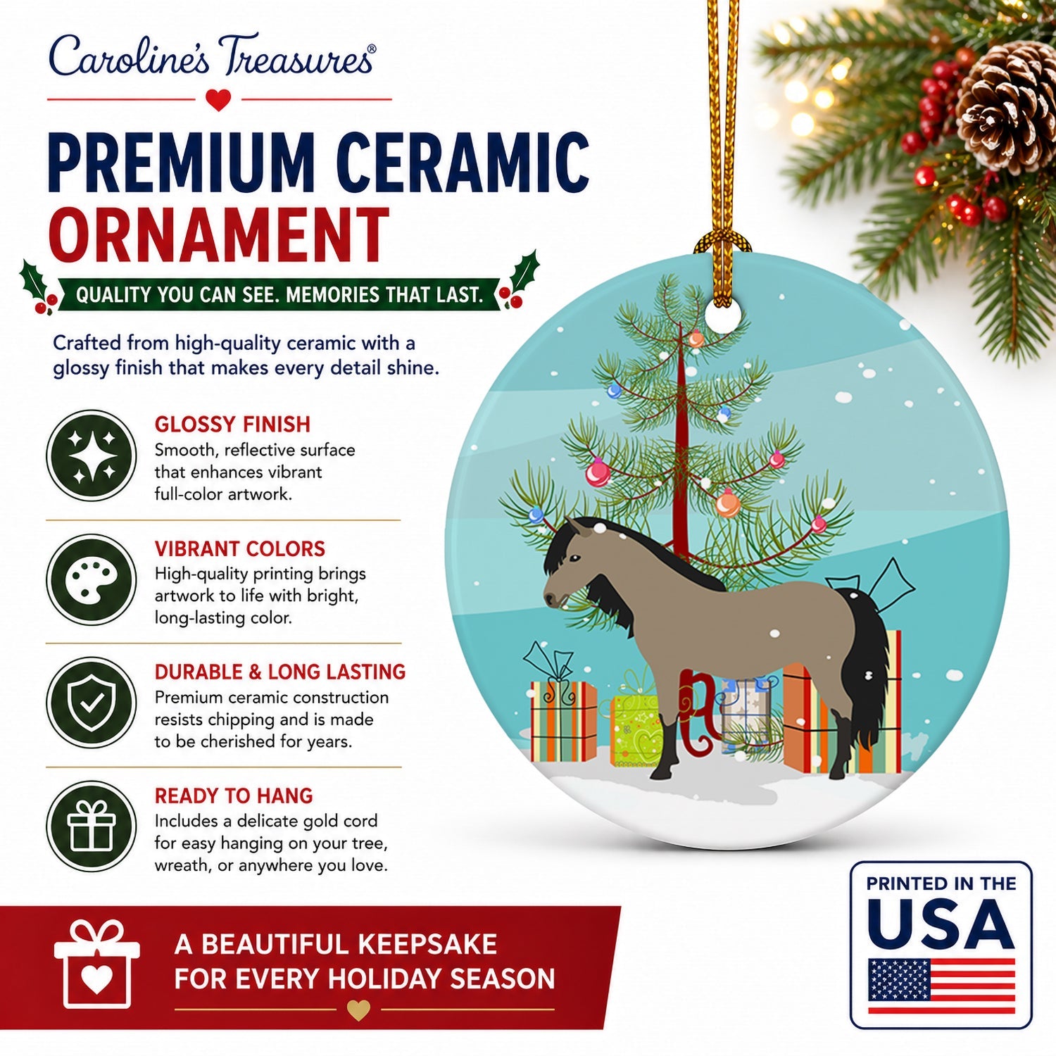 Welsh Pony Horse Christmas Ceramic Ornament Christmas Tree Hanging Decorations for Home Christmas Holiday, Party, Gift, 3 in, Multicolor