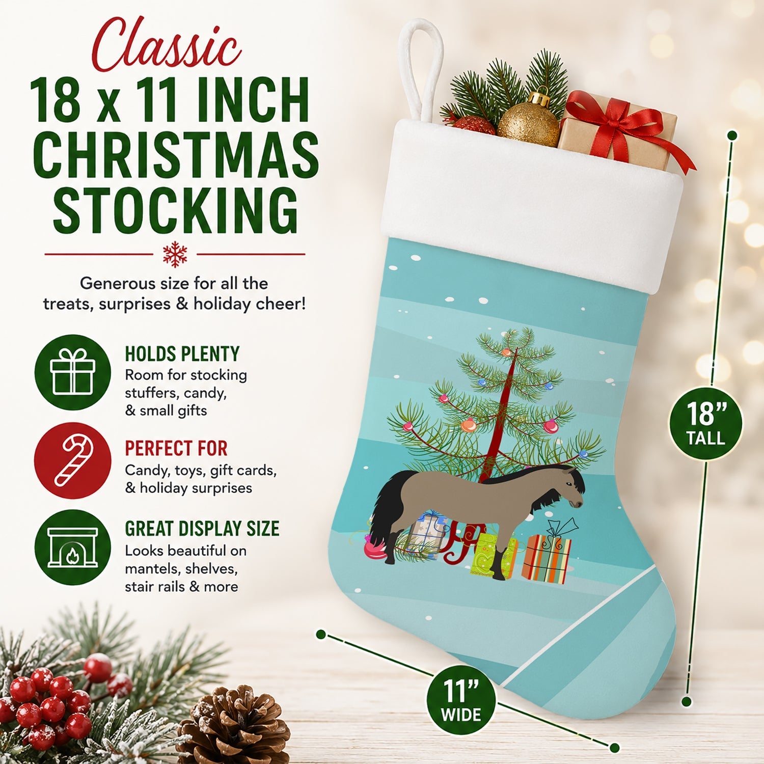 Welsh Pony Horse Christmas Holiday Stocking Double-Sided Print, Polyester Suede,11x18, Made in USA