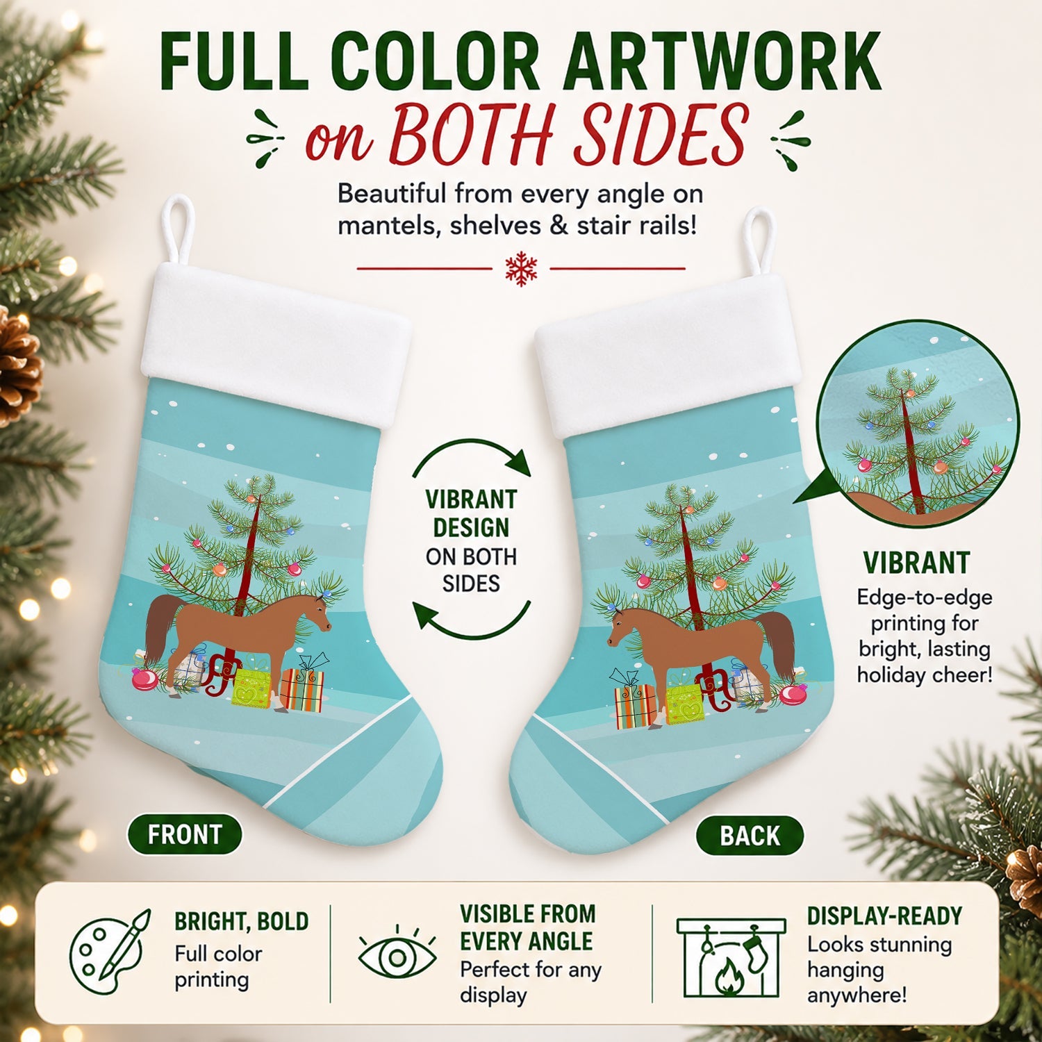 Arabian Horse Christmas Holiday Stocking Double-Sided Print, Polyester Suede,11x18, Made in USA