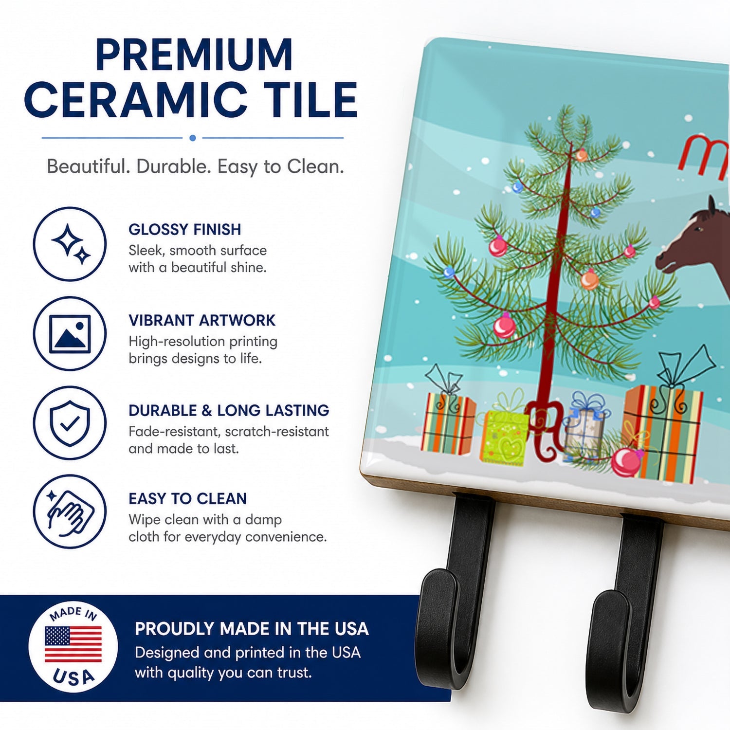 English Thoroughbred Horse Christmas Leash or Key Holder Wall Hooks, Coat Rack Wall Mount, for Hanging Keys, Towels, Aprons, Leashes