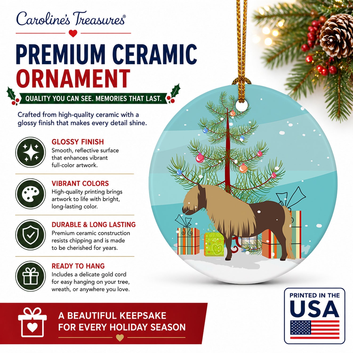 Shetland Pony Horse Christmas Ceramic Ornament Christmas Tree Hanging Decorations for Home Christmas Holiday, Party, Gift, 3 in, Multicolor