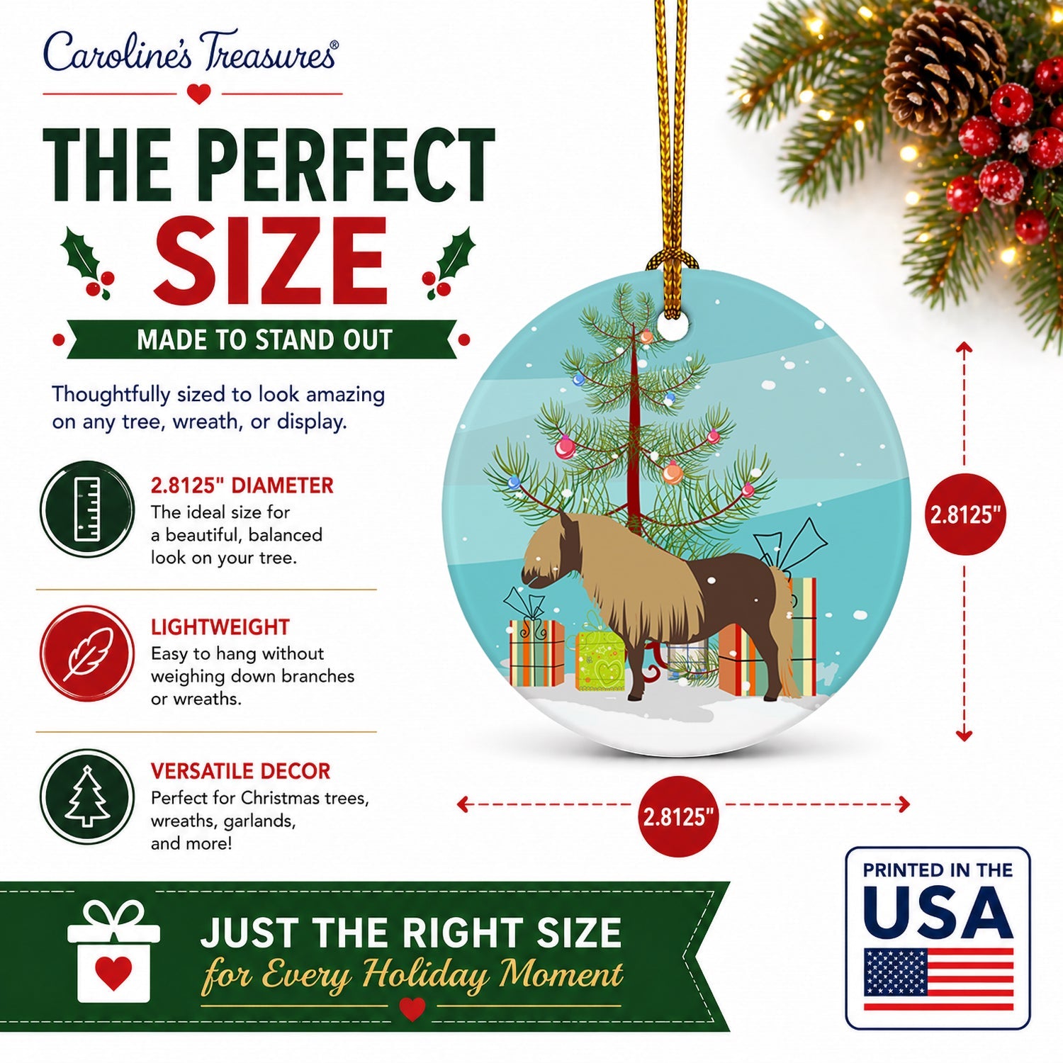 Shetland Pony Horse Christmas Ceramic Ornament Christmas Tree Hanging Decorations for Home Christmas Holiday, Party, Gift, 3 in, Multicolor