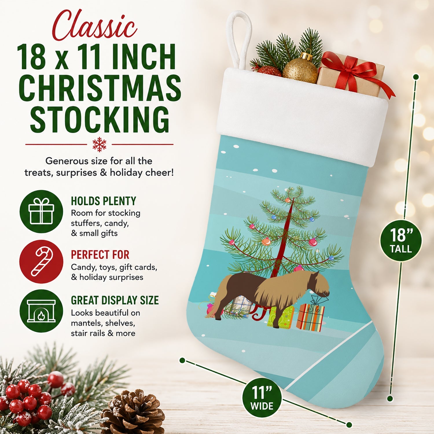 Shetland Pony Horse Christmas Holiday Stocking Double-Sided Print, Polyester Suede,11x18, Made in USA