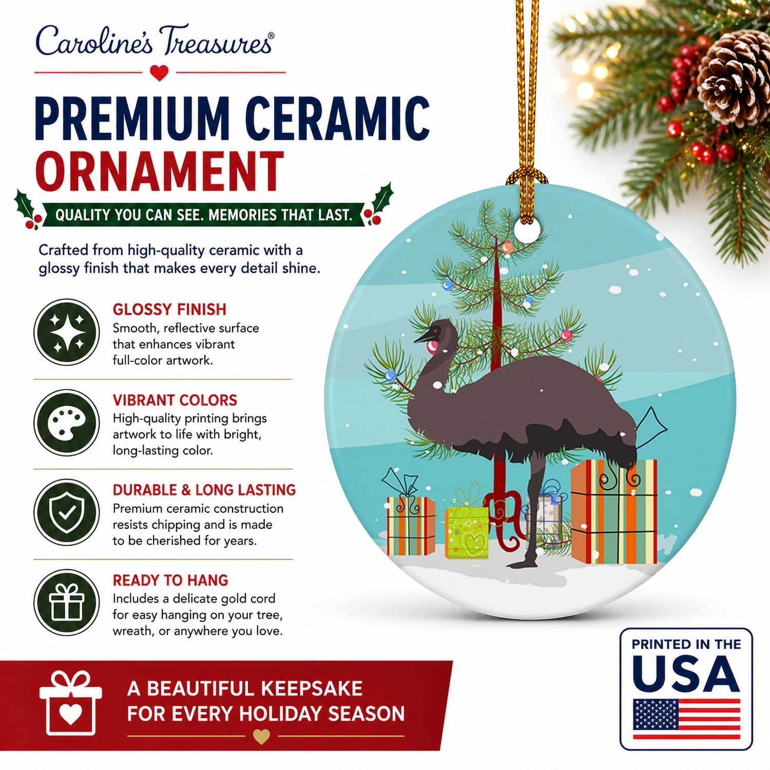 Emu Christmas Ceramic Ornament Christmas Tree Hanging Decorations for Home Christmas Holiday, Party, Gift, 3 in, Multicolor